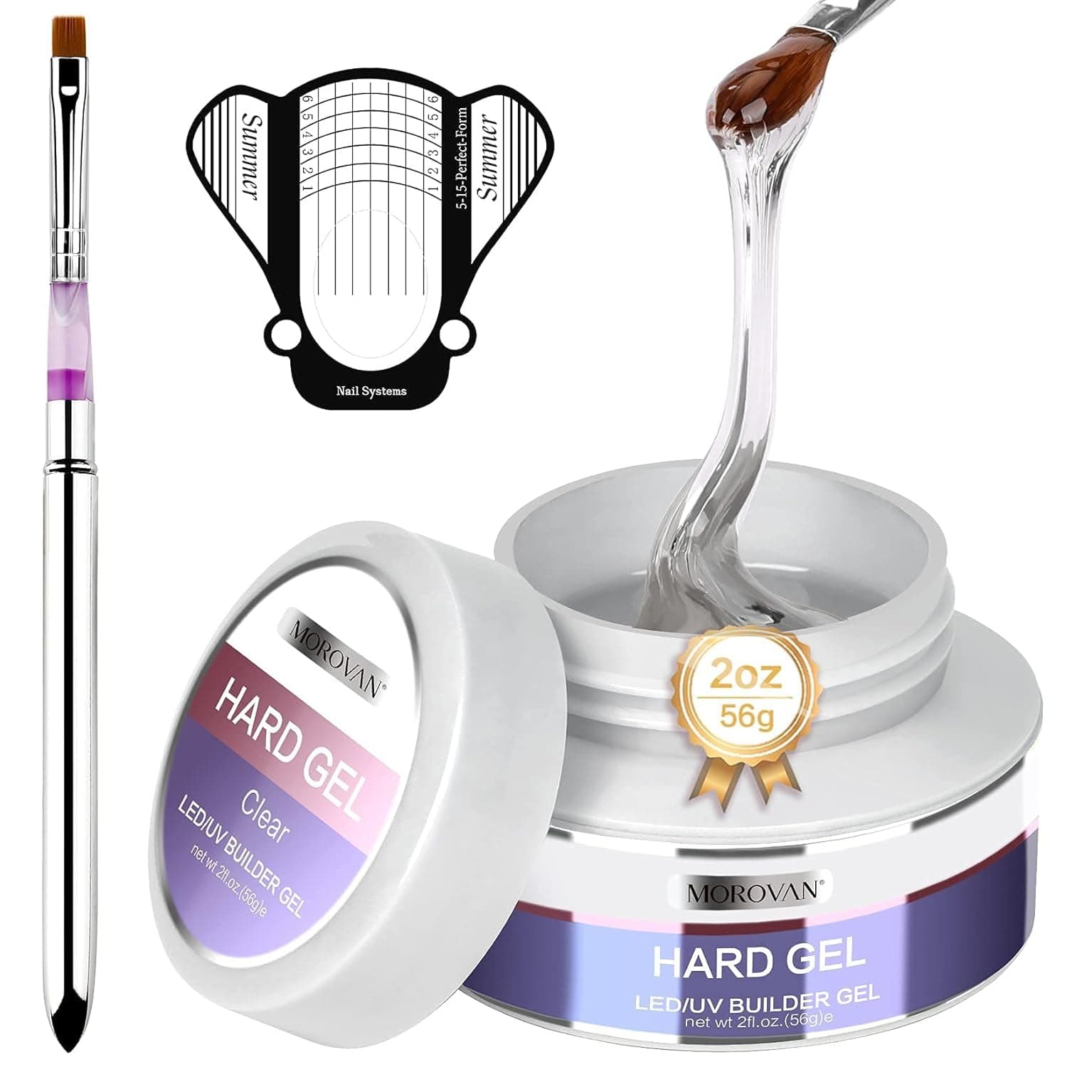 Clear Builder Gel for Nails: UV/LED Hard Gel Kit - 2oz Strong 3D Sculpting Extension Strengthen Professional Art Manicure Set with Forms & Brush Supplies