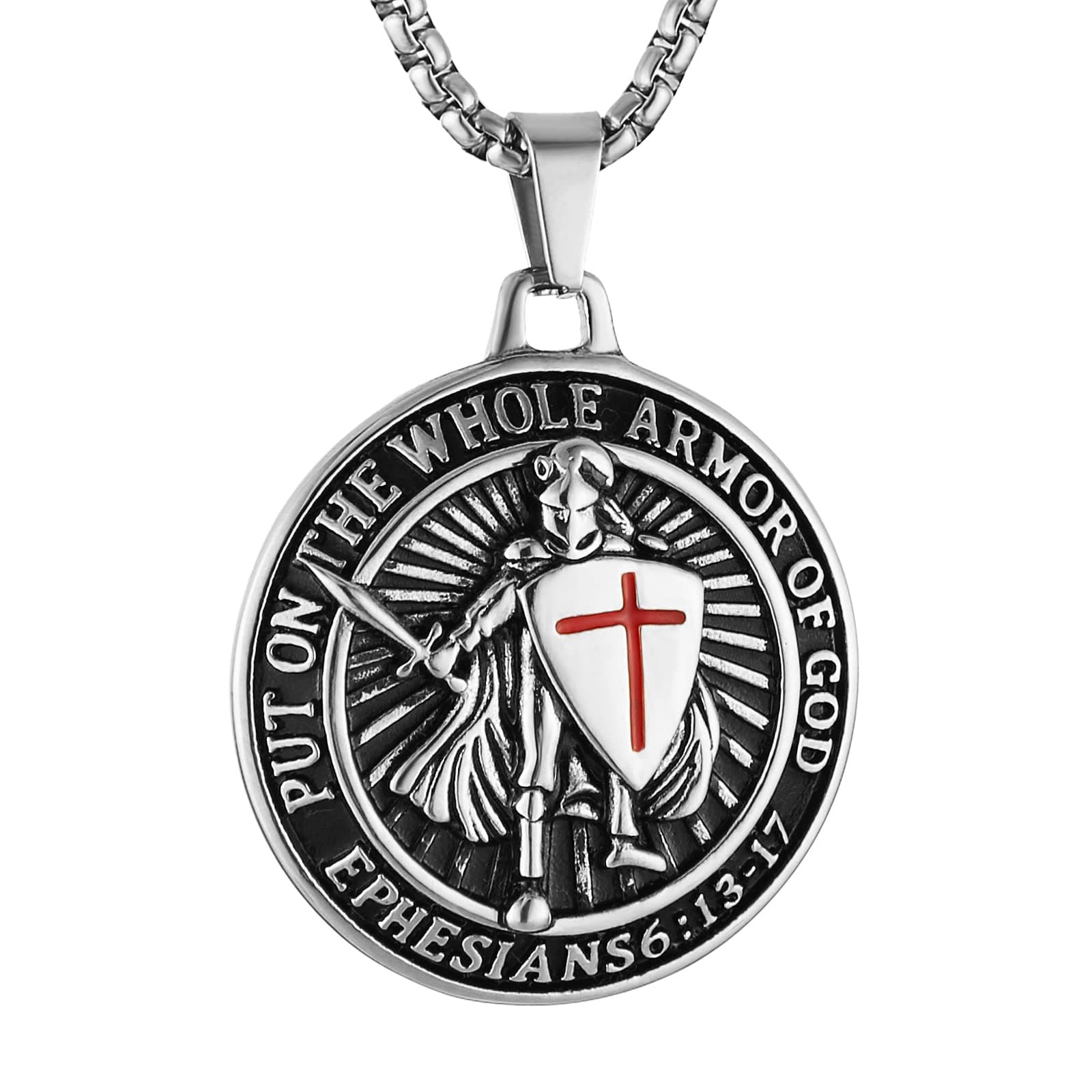 HZMAN Knights Templar Put On The Whole Armor of God Ephesians 6:13-17 Red Cross Design Stainless Steel Necklace for Men Jewelry Gift