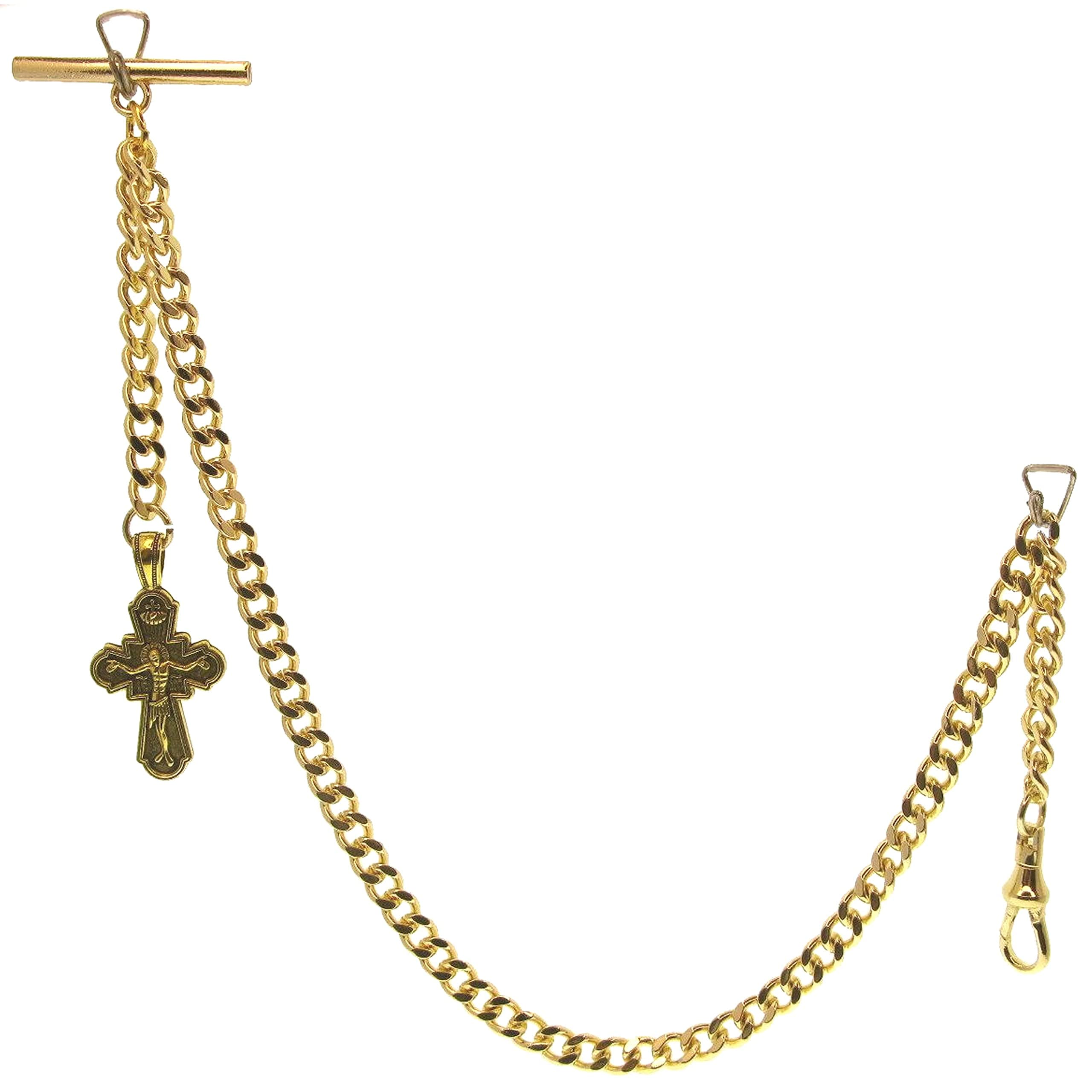 Albert Chain Gold Tone Fine Polish Pocket Watch Vest for Men with Jesus Cross Fob T-Bar Swivel Clasp AC199A, length - 1 x 12 inches + 2, Gold, Chain Length - 1 X 12 inches + 1 X 2 inches, Modern
