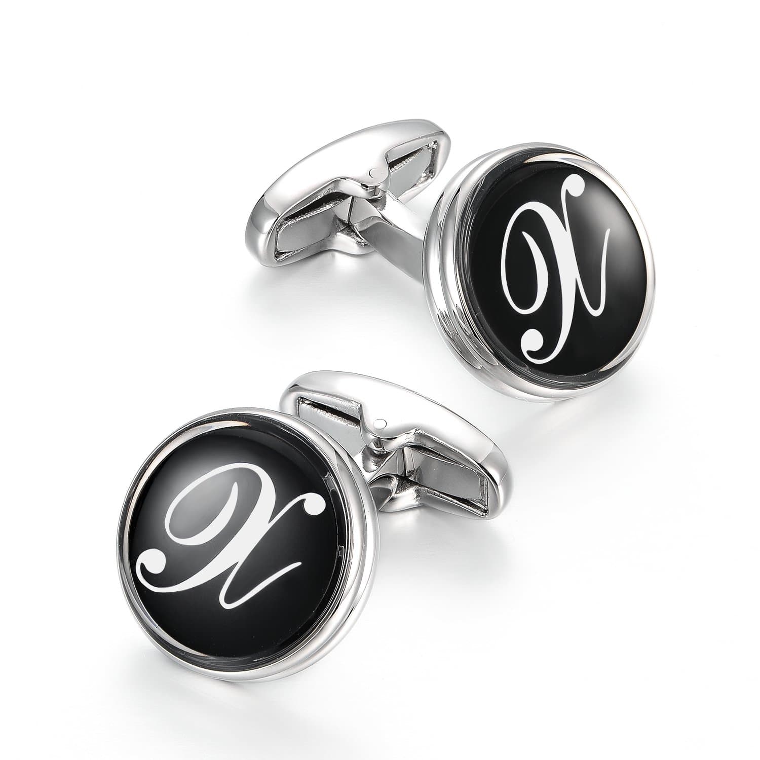 MERIT OCEANInitial Cuff Links Mens Silver Round Letter Alphabet Rhodium Plated Cufflinks for Men Suit Shirt Wedding Business A-Z