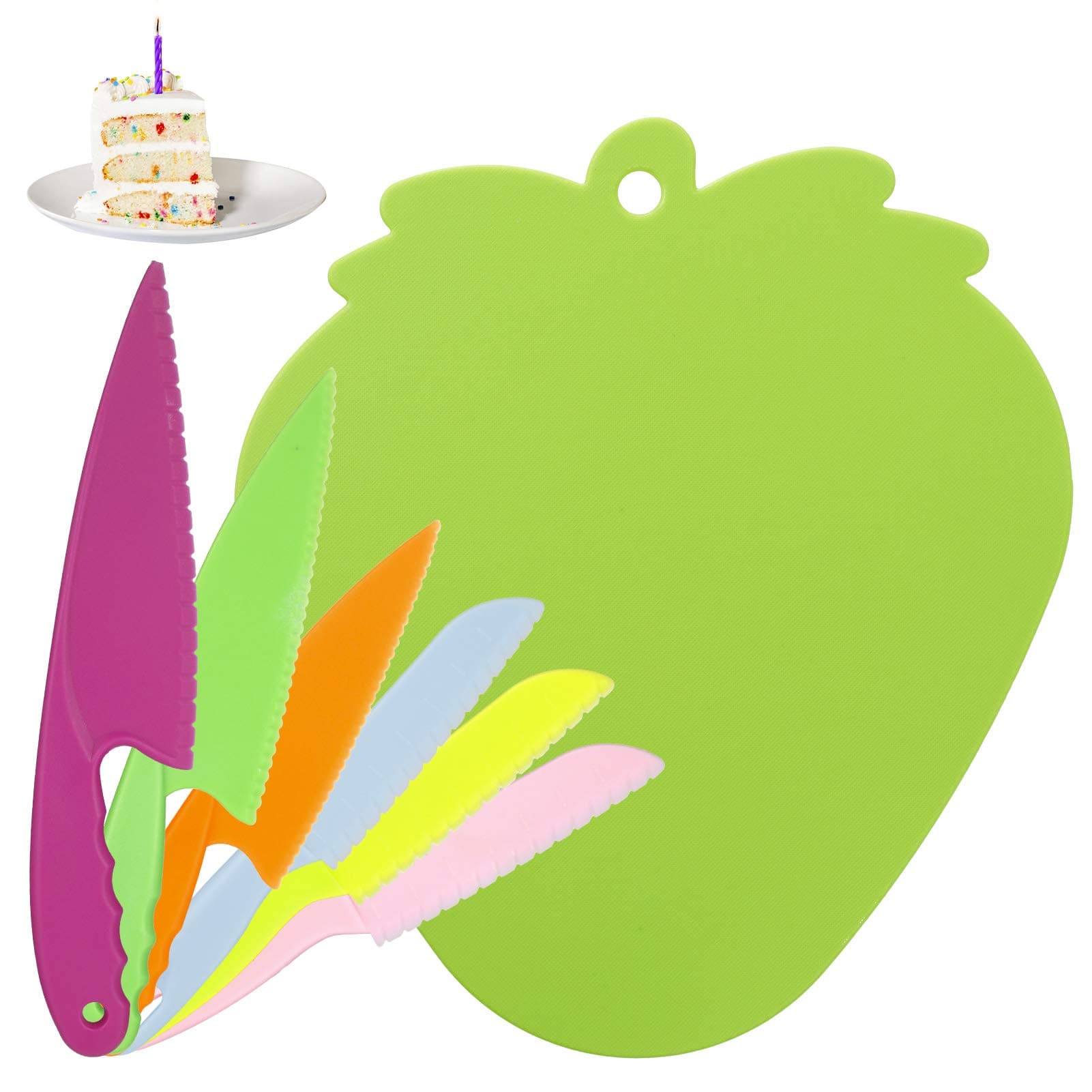 LORELOKids Kitchen Knife Set and Cutting Board, Children's Safe Cooking Set, 7 PCS Colorful Knives and 1 Strawberry Cutting Board,Serrated Edges Knife for Fruit and Vegetables(Green)