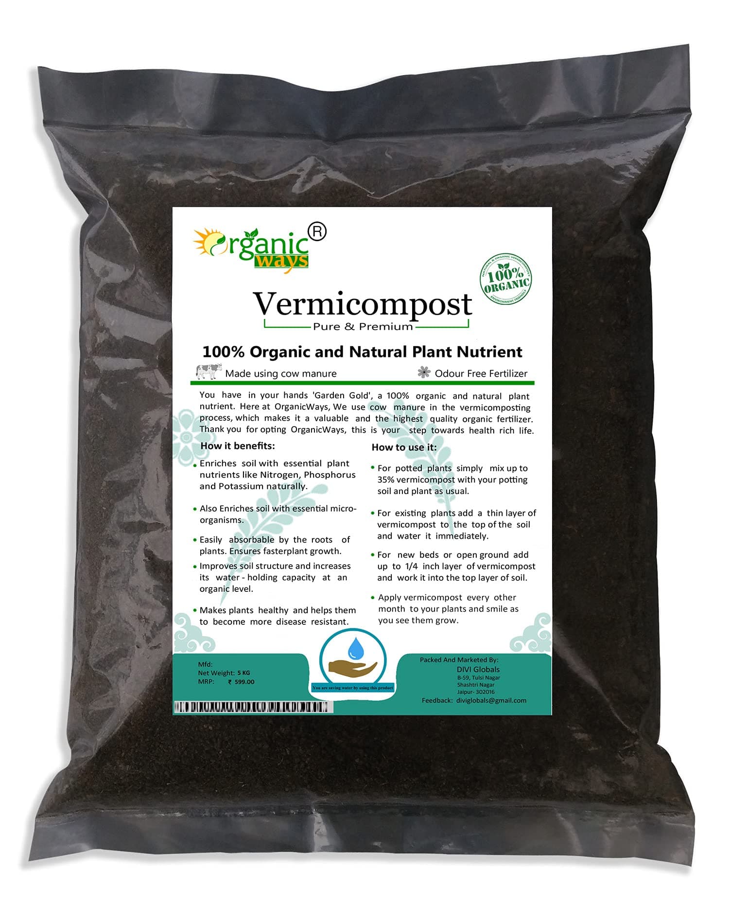 OrganicWays Vermicompost Made from Cow Manure 100% Organic & Natural Plant Nutrient For Home Gardens And Potting Mix - 5 KG