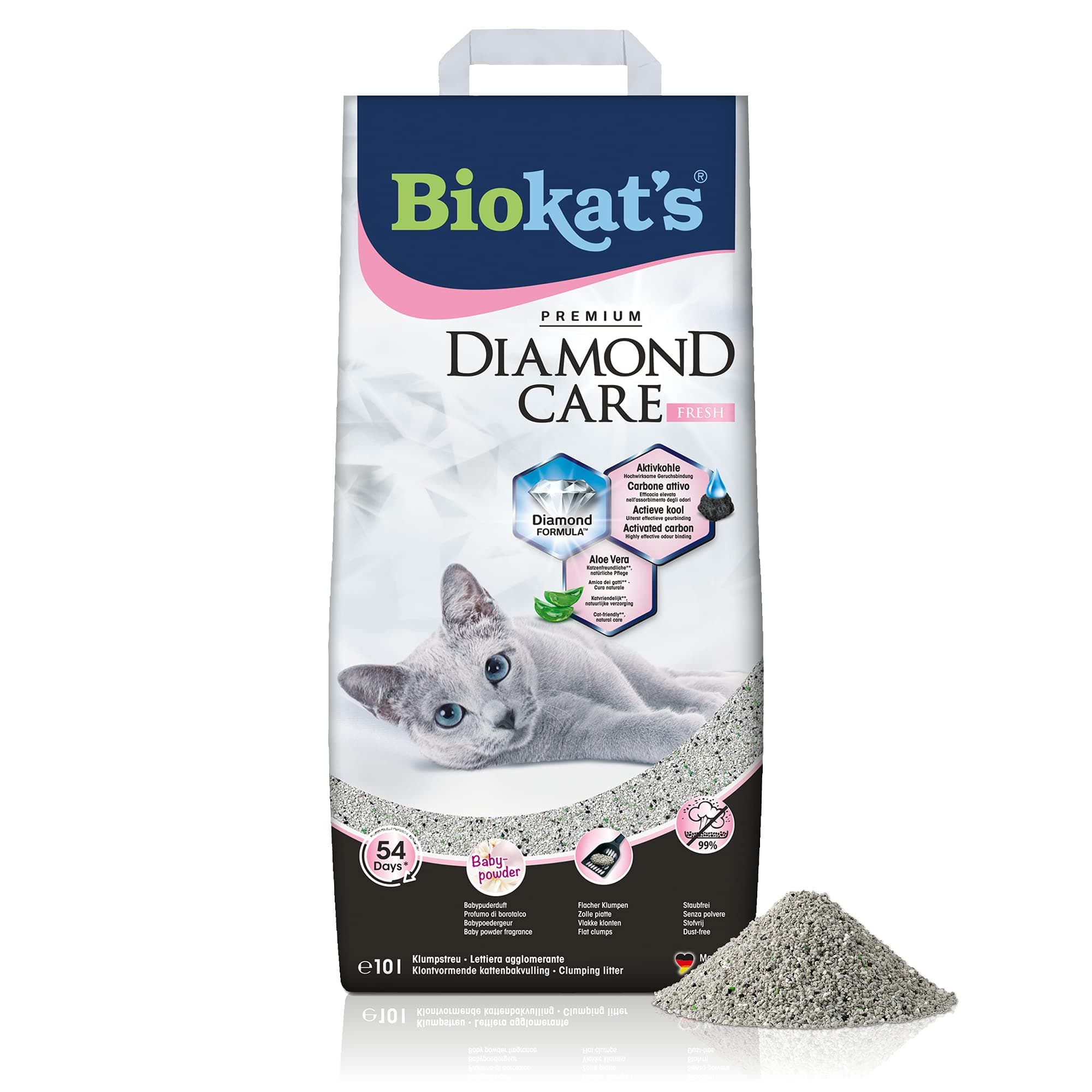 Biokat's Diamond Care Fresh with Baby Powder scent - Fine cat litter with activated carbon and aloe vera - 1 bag (1 x 10 L)