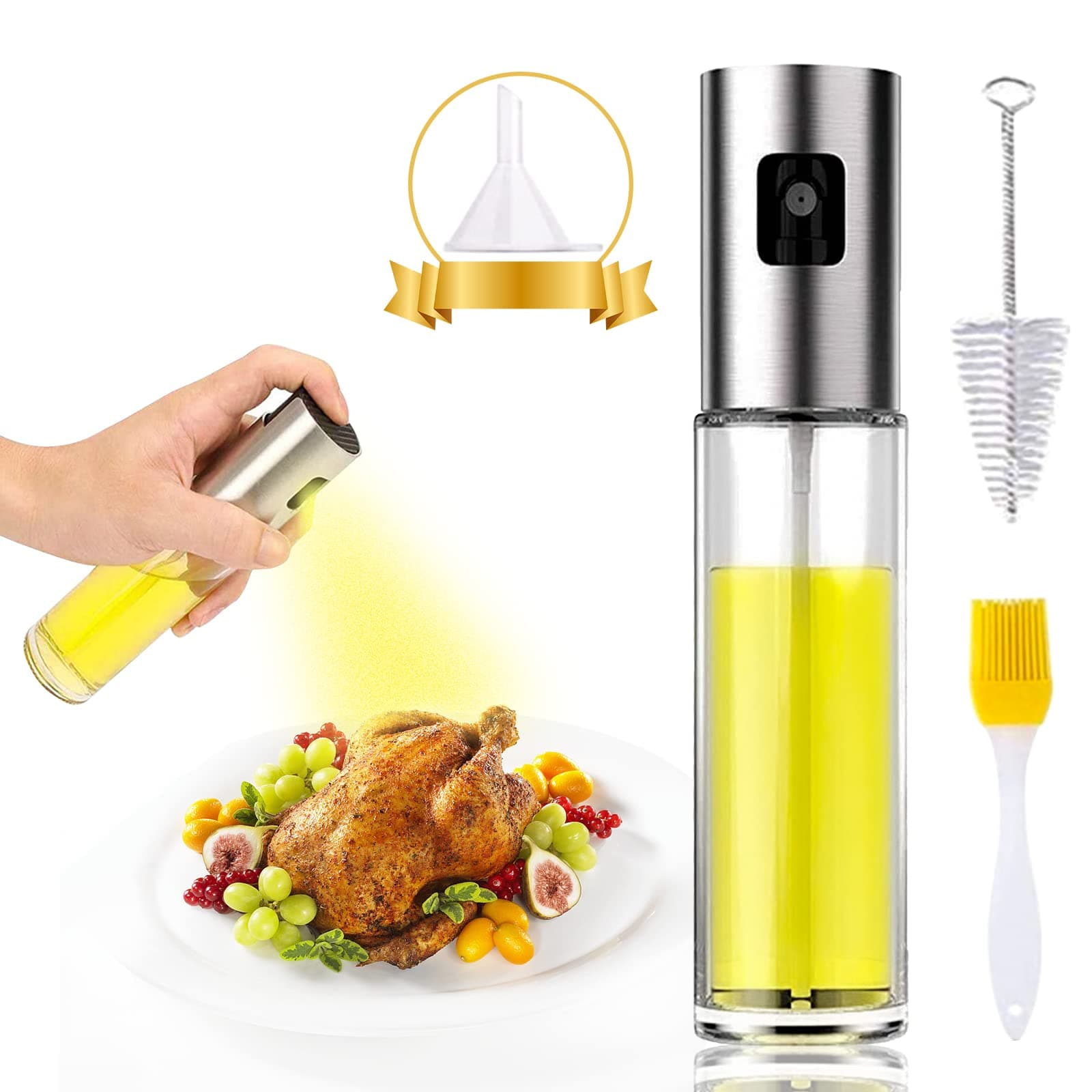 4 In 1 Oil Sprayer For Cooking Air Fryer Mister 100ml Food Grade Olive Vegetable Oil Vinegar Pump Dispenser Spray Versatile Glass Bottle Spritzer For Kitchen Baking Salad Grilling BBQ