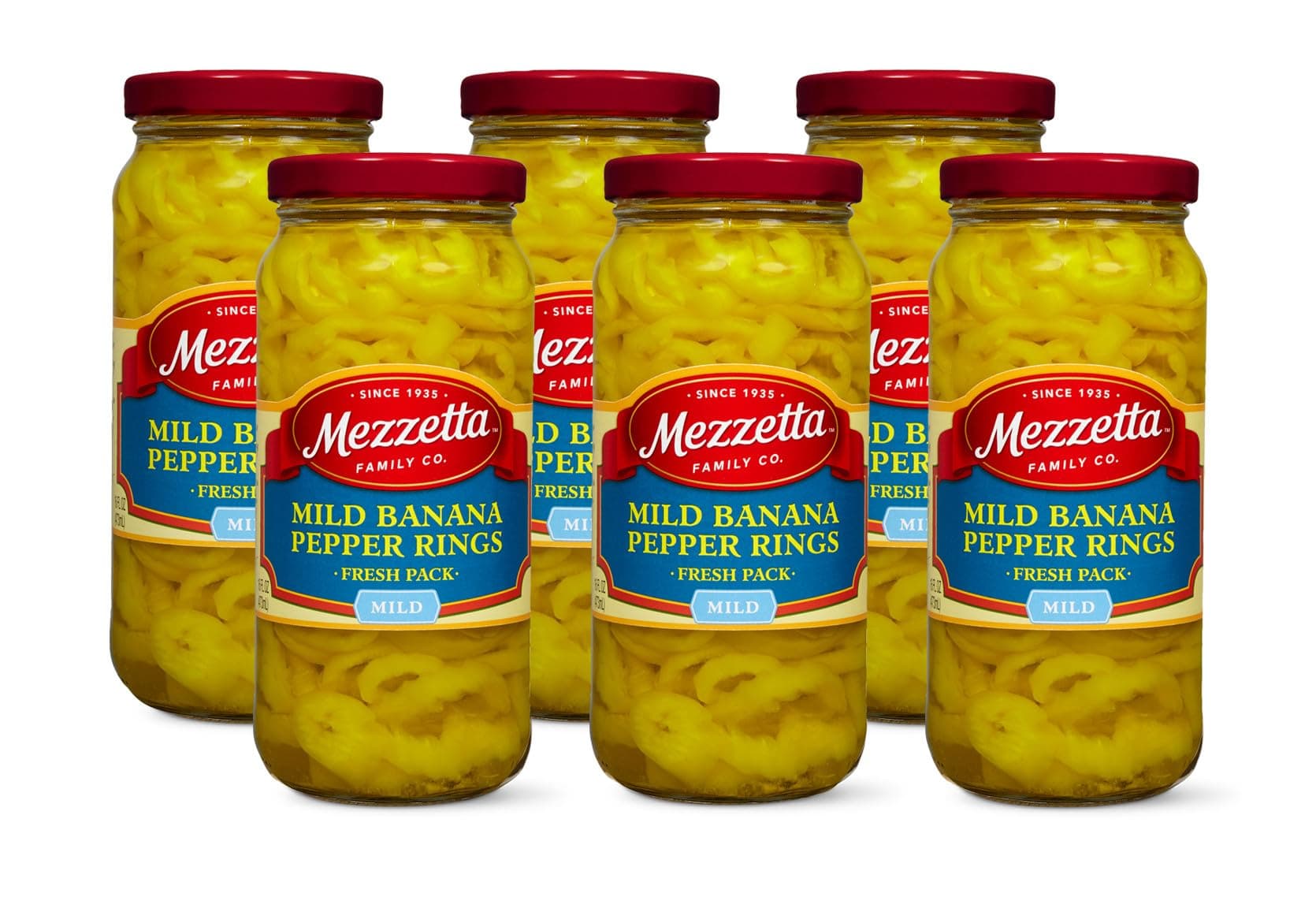 Mezzetta Mild Banana Pepper Rings - Sweet & Crunchy Peperoncini Alternative for Hamburgers, Hot Dogs, Sandwiches - Perfect for Boosting Flavor in Dishes - Gluten Free, Keto, Kosher - 16 OZ - Pack of 6