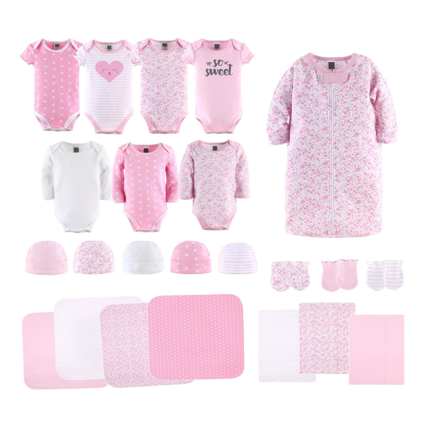 The PeanutshellNewborn Layette Gift Set for Baby Girls | 23 Piece Newborn Girl Clothes & Accessories Set | Fits Newborn to 3 Months | Floral Pink