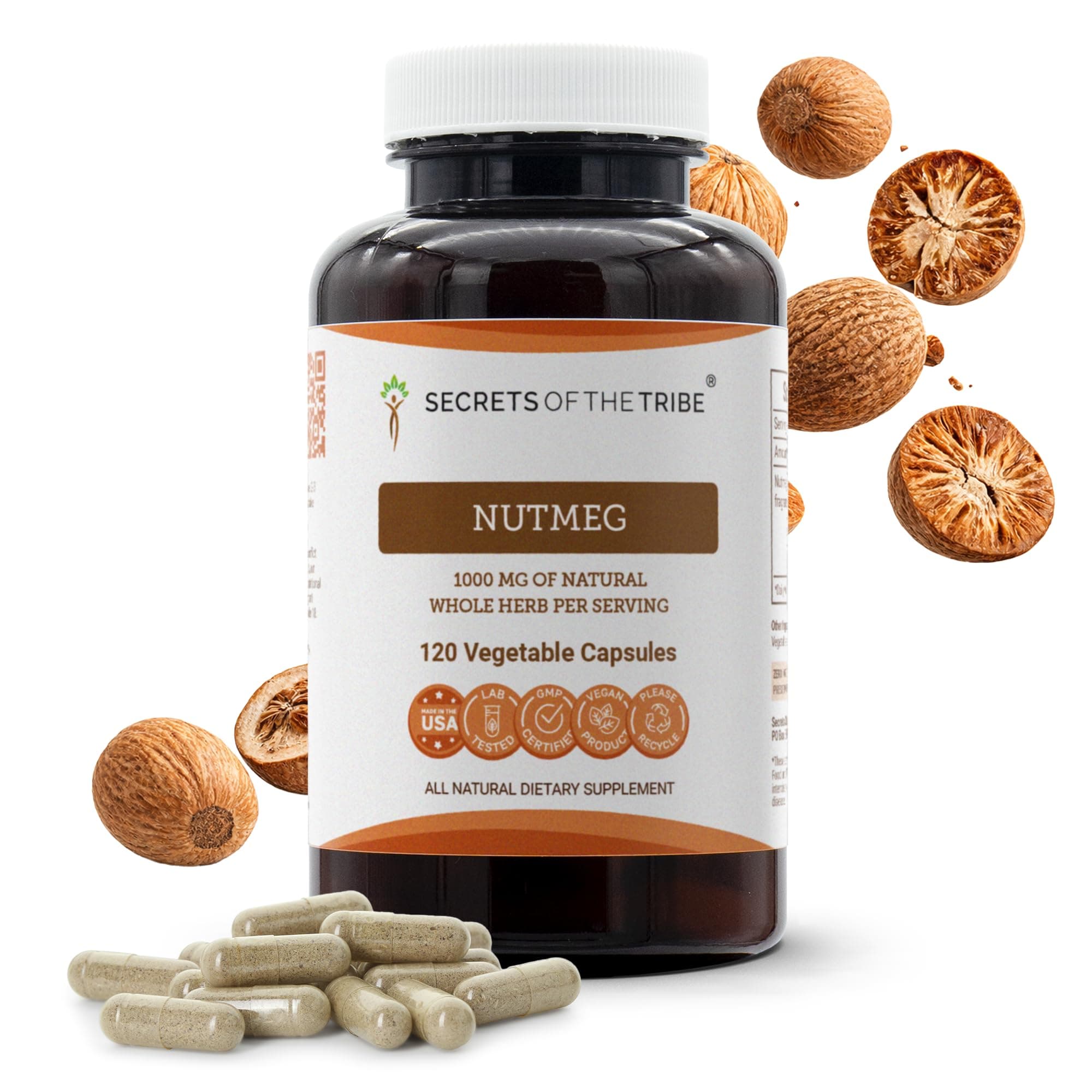 Secrets of the Tribe Nutmeg 120 Capsules, 1000 mg, Nutmeg (Rou Dou Kou, Myristica Fragrans) Dried Nut (120 Capsules)