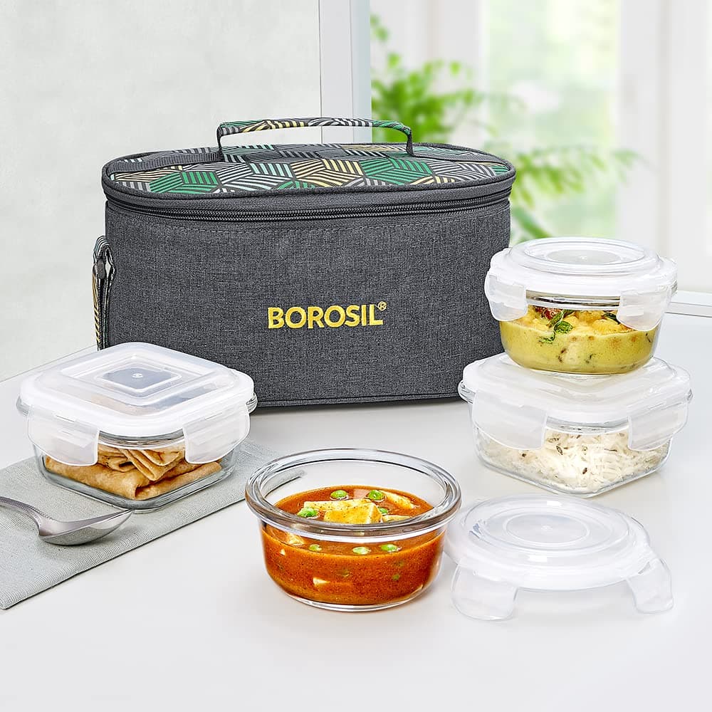 Borosil Foodluck Olive Universal Lunchbox | Set of 4 (320ml x 2 Square + 240ml x 2 Round), Borosilicate Glass | Microwave & Dishwasher Safe, Leakproof | Tiffin for Office/School/College | Transparent