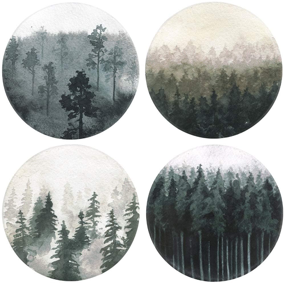 Lahome Forest Pattern Coasters - Round Drinks Absorbent Stone Coaster Set with Ceramic Stone and Cork Base for Kinds of Mugs and Cups (Forest, 4)
