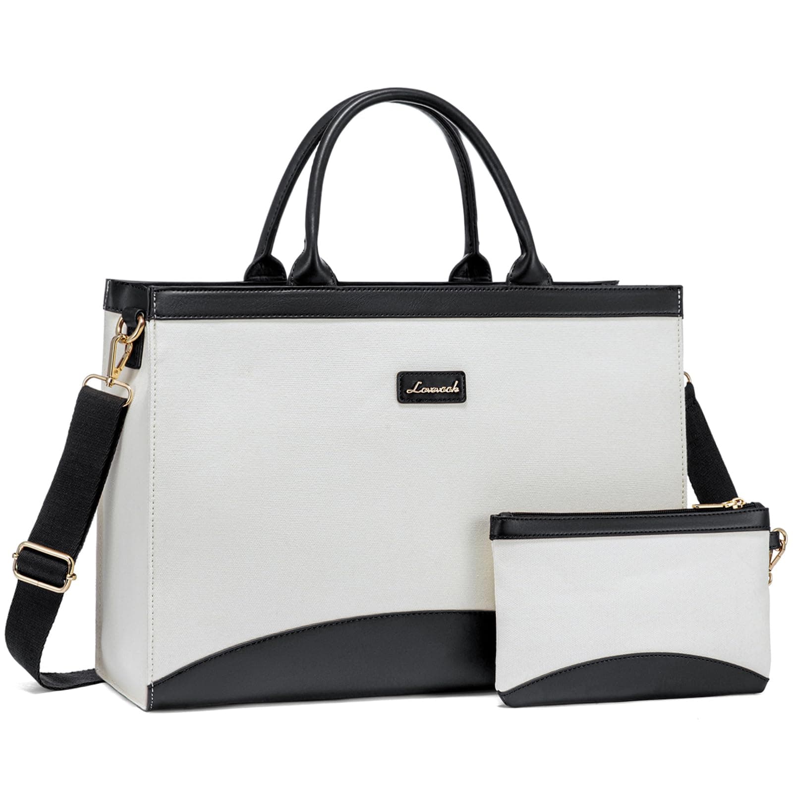 LOVEVOOK Laptop Tote Bag for Women,15.6 Inch Large Capacity Work Bag with Clutch Purse for Teacher, Canvas Computer Bag for Business fits Office College Travel Black & White