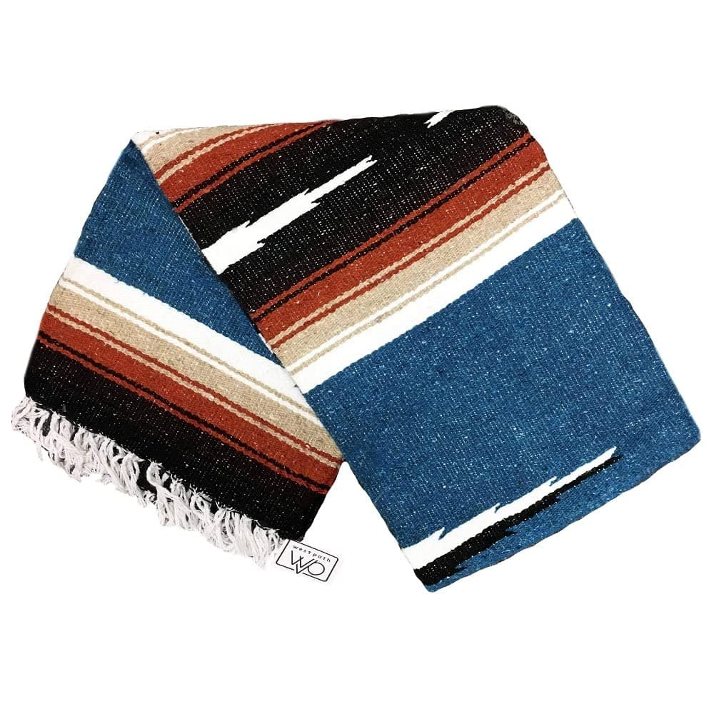 Open Road Goods Blue Mexican Yoga Blanket - Thick Diamond Serape Indigo with Tan/Khaki and Red/Maroon Stripes