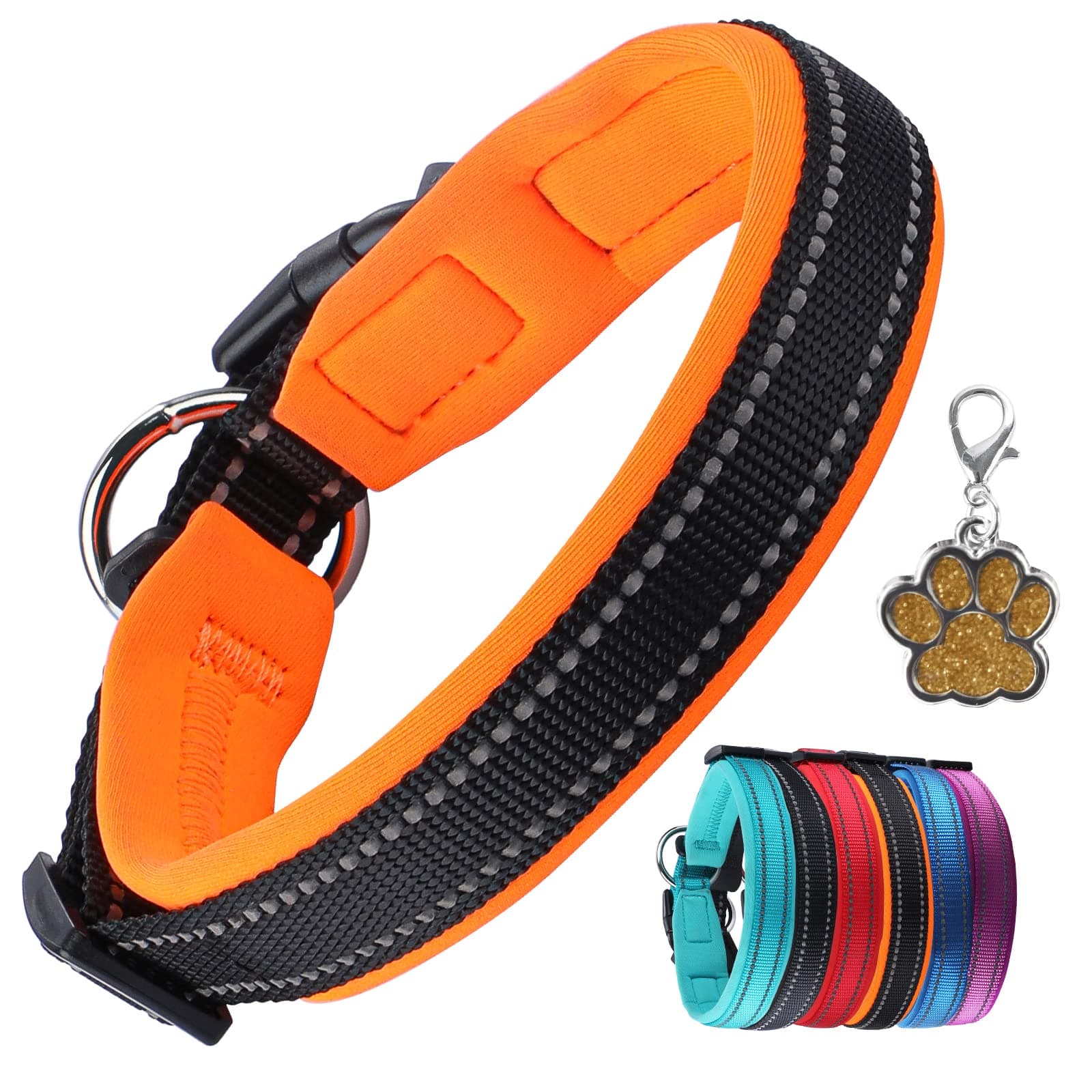 Padded Dog Collar with Tag Reflective Dog Collars for Small Medium Large Dogs Soft Neoprene Adjustable Basic Dog Collars Puppy Pets Collar with Quick Release Buckle, Orange M