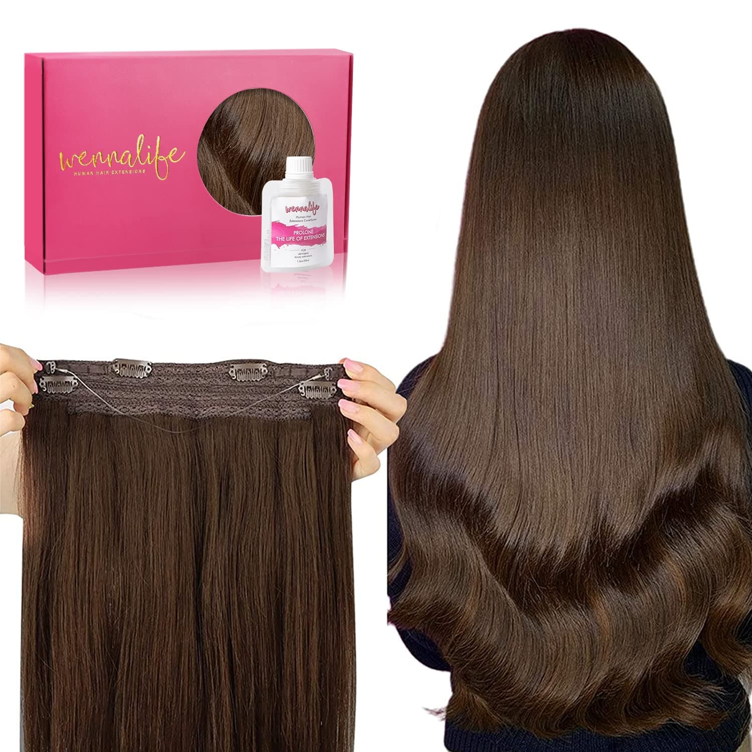 WENNALIFE Wire Hair Extensions (Increase 50% Lifespan) Real Human Hair 16 inch 95g Chocolate Brown Remy Wire Hair Extensions Invisible Transparent Fish Line Straight Real Hair Extensions