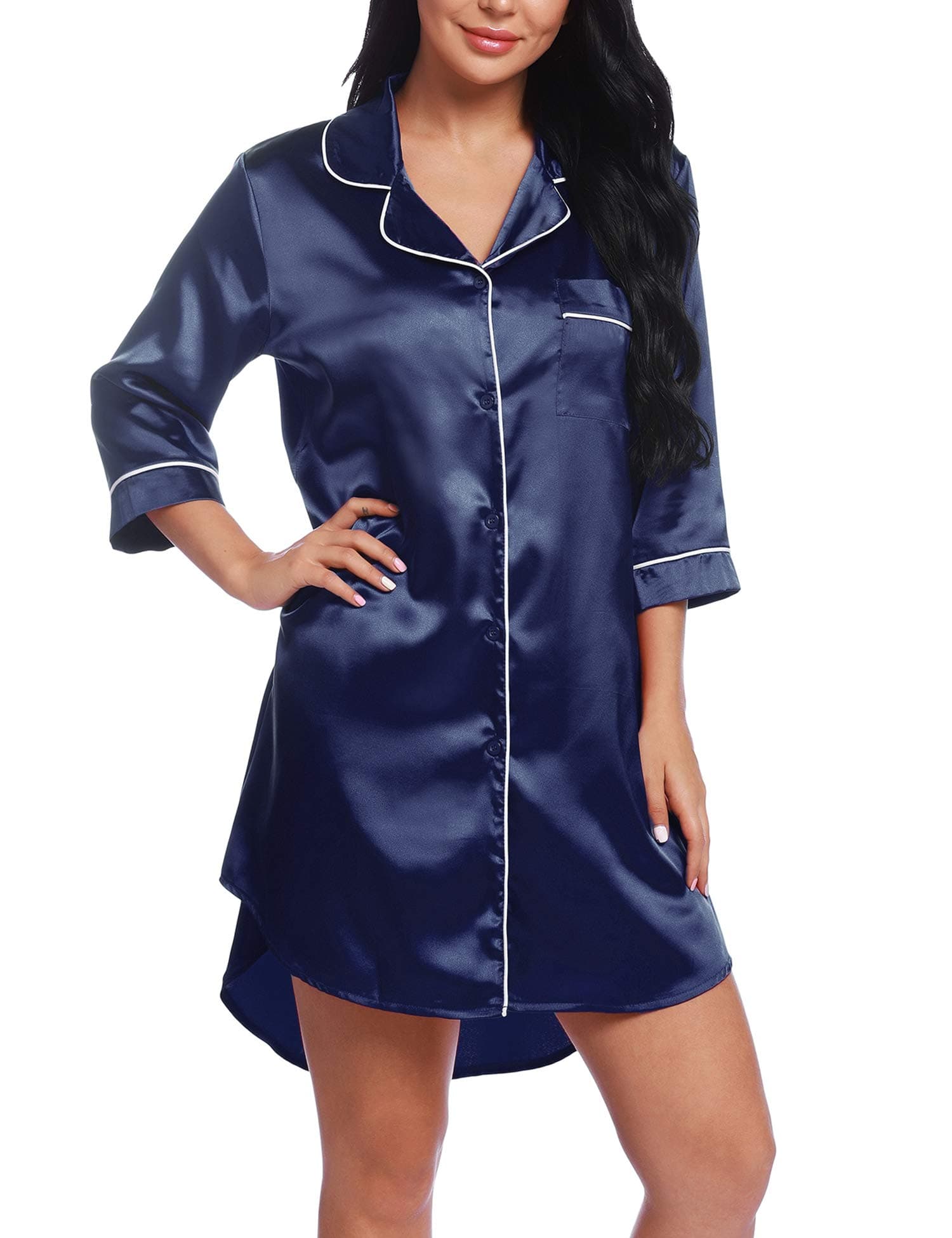 Chomoleza Womens Satin Sleepshirt Button Down Boyfriend Nightshirts Nightgown Sleepwear Navy Blue
