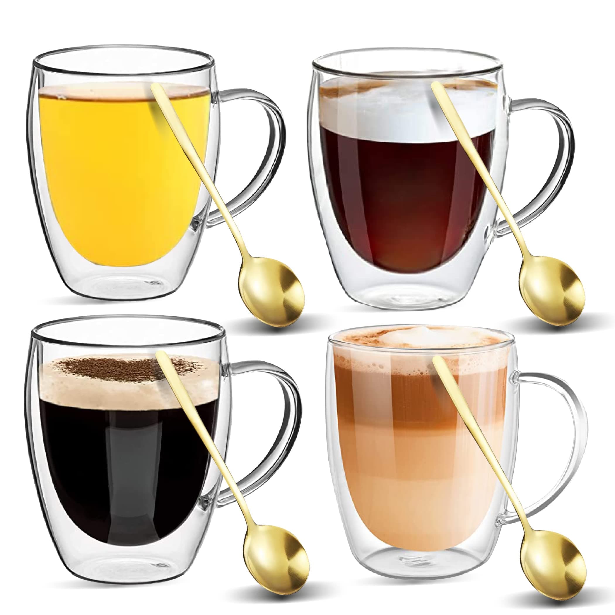 TheBZCompany Double Wall Glass Coffee Mugs - 350 ml Transparent Tea Cup with Handle - Insulated Cups for Tea, Cocktail, latte, Cappuccino with Stainless-Steel Spoon (350 ml - 4 Mugs & 4 Spoons)