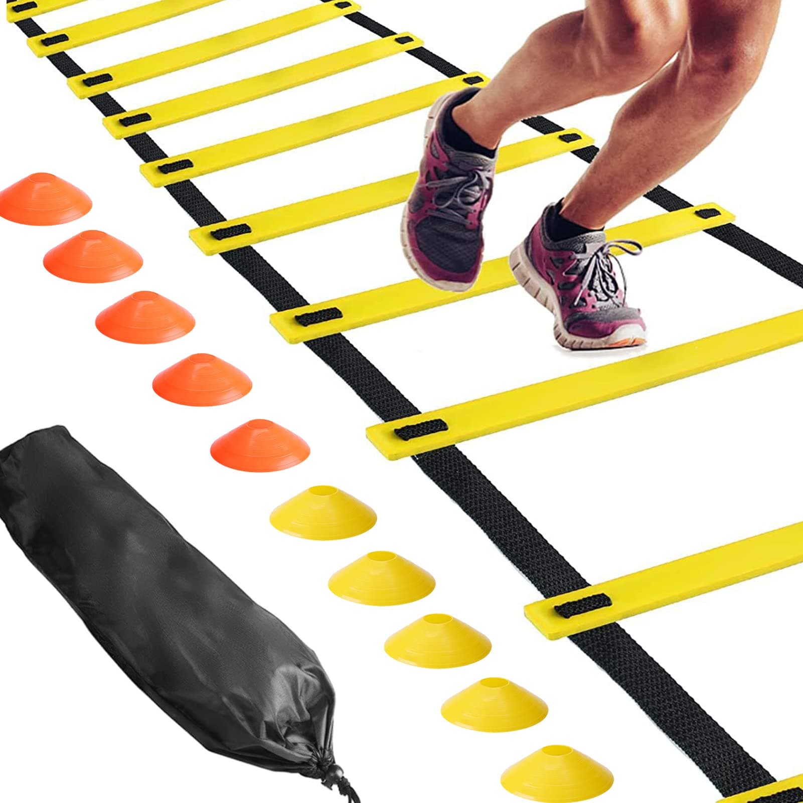 Beauenty Training Ladder, Football Training Equipment, 12 Rung 6miters Speed Agility Ladder Training Set, Including 1 Agility Ladder,10 Disc Cones, Handbag