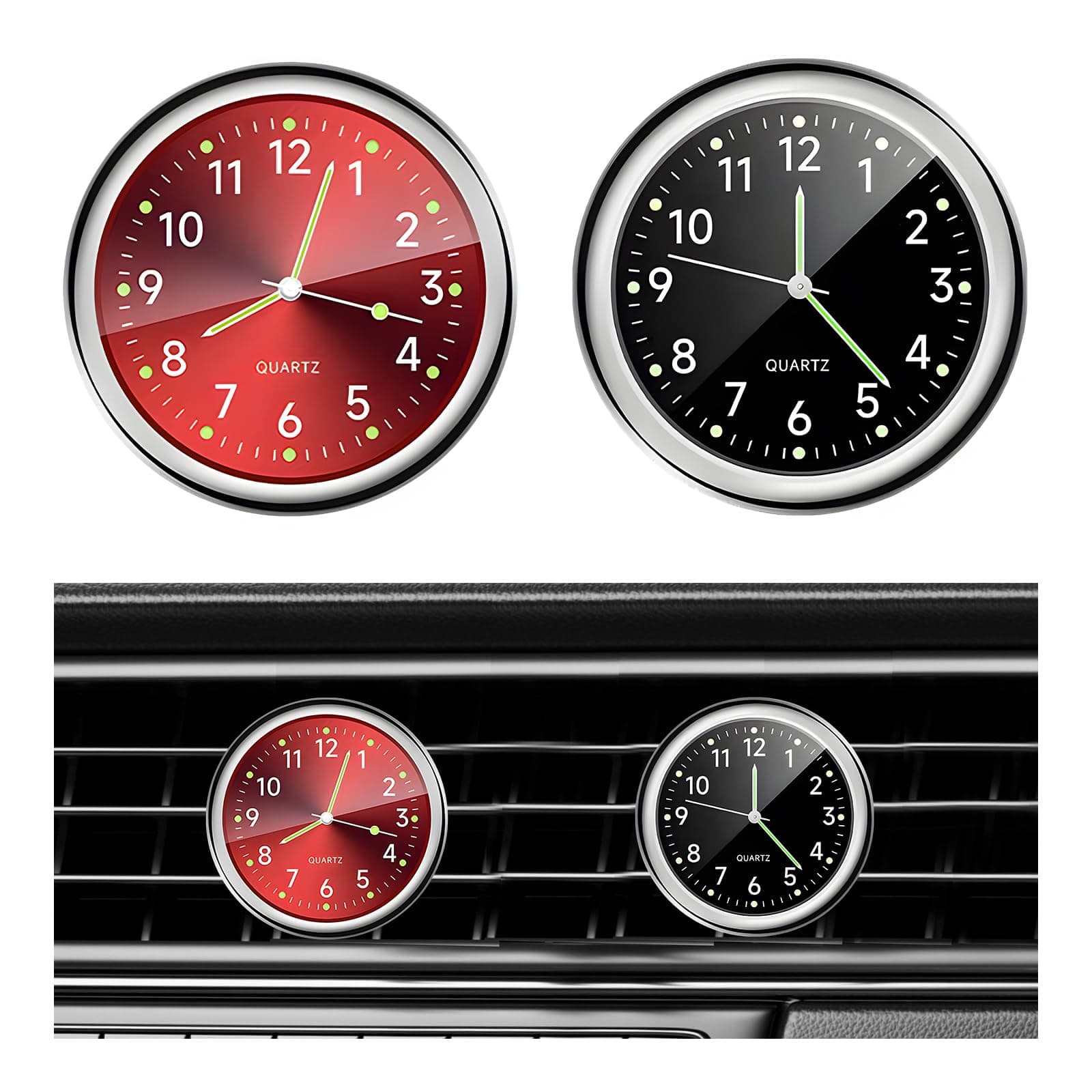 2 PCS Stick on Dashboard Car Clock, Mini Tiny Analog Quartz Luminous Air Vent Clocks, Self Adhesive Automotive Vent Clocks Watch, Vehicle Clock for Dashboard Decoration (Red+Black)