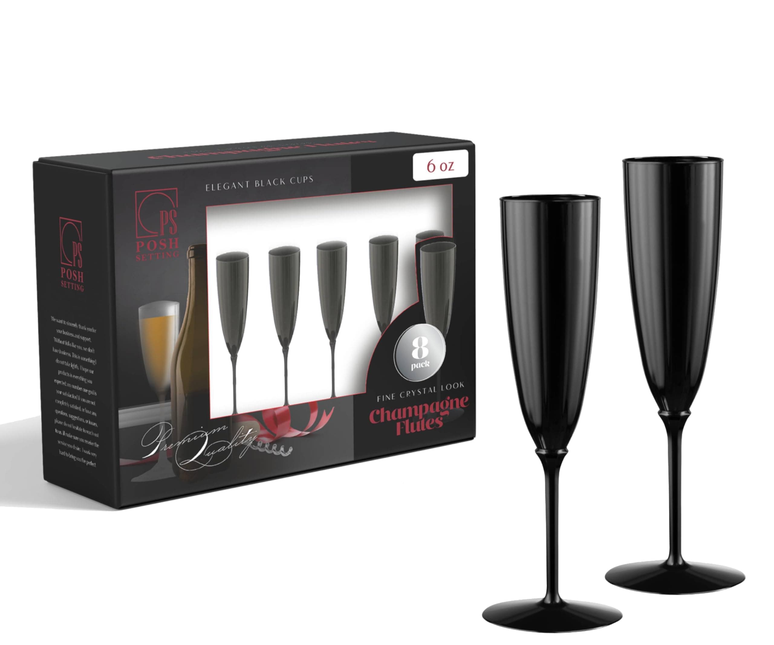 Posh Setting 6 oz Plastic Champagne Flutes - Black Disposable Champagne Toasting Glasses for Parties, Weddings, Durable Reusable Fancy Stemmed Cups - Plastic Wine Glasses, Plastic Flutes - 8 Pack