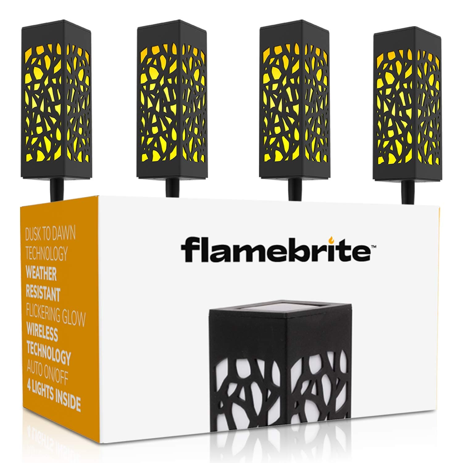Flamebrite Outdoor Pathway Solar Lights (4 Lights), Garden & Landscape Light l Flickering Glow, Wire-Free, Auto On/Off, Dusk to Dawn Technology