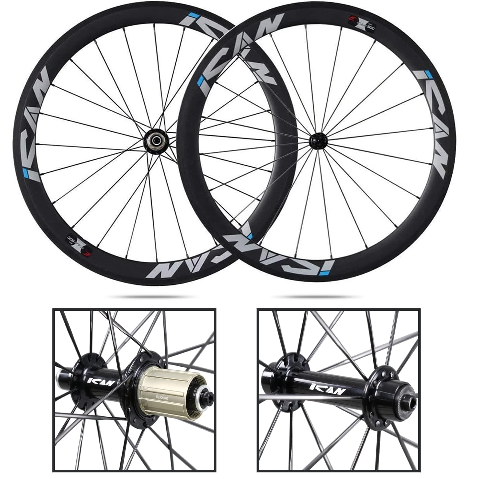 ICANIAN 700C Carbon Wheelset, 38 mm/50 mm Road Bike Carbon Wheelset Clincher CN spokes/Sapim CX-Ray Spokes Rim Brake Shimano 10/11 speed