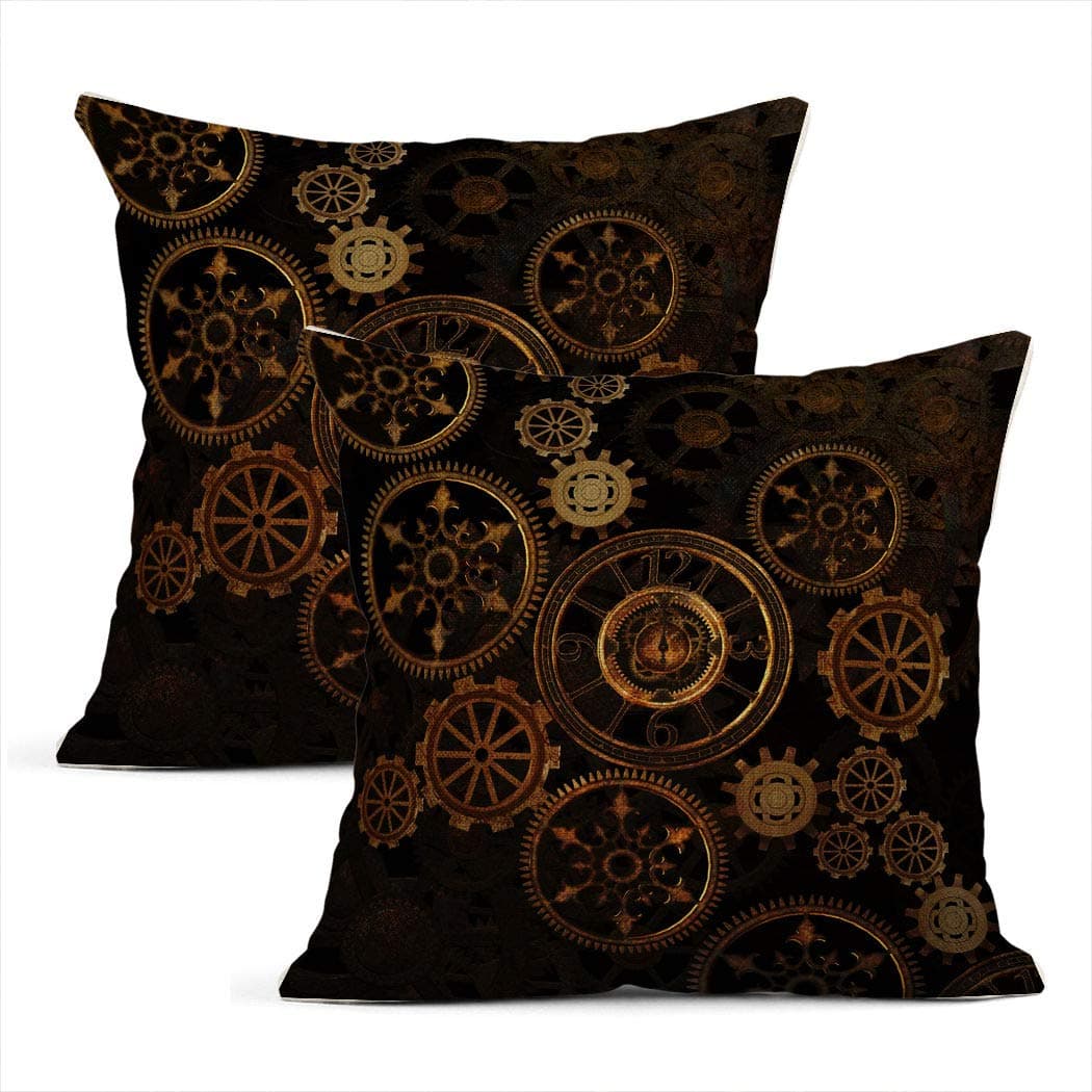 Heyqqo Set of 2 Cushion Covers Linen Steampunk Steam Punk Gears Clock Abstract Technology Vintage Bronze Century Pillowcases Square Soft Home Decor Design Throw Pillow Cases Sofa Bedroom 18x18 Inch