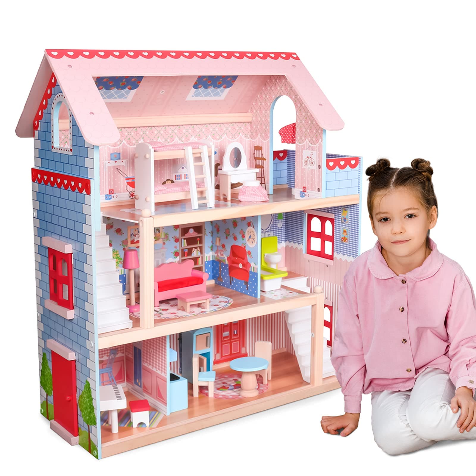 InfantasticWooden Doll House - Large: XL (60 x70x30cm), for 5.11”/13cm Dolls, LED, 16 Accessories and Furniture, 3 Storeys/5 Rooms - Doll Houses, Princess, Girls, Big, Dream, Kids, Modern, Castle