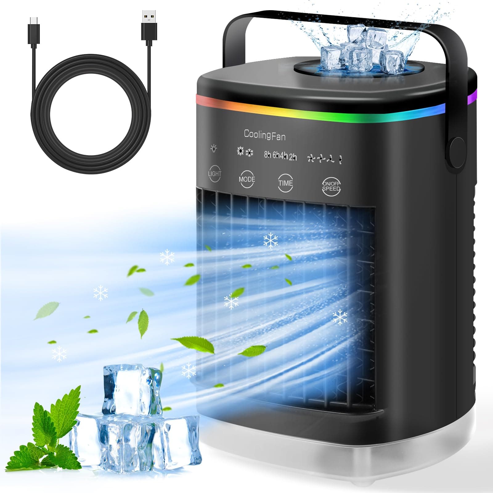 Portable Air Conditioner, Evaporative Air Cooler Fan, Cooling Fan for Hot Summer, Mini AC with 700ML Capacity, 4 Wind Speeds & 7 LED Lights & 2-4-6-8 Hours Timer (USB-C Cable)