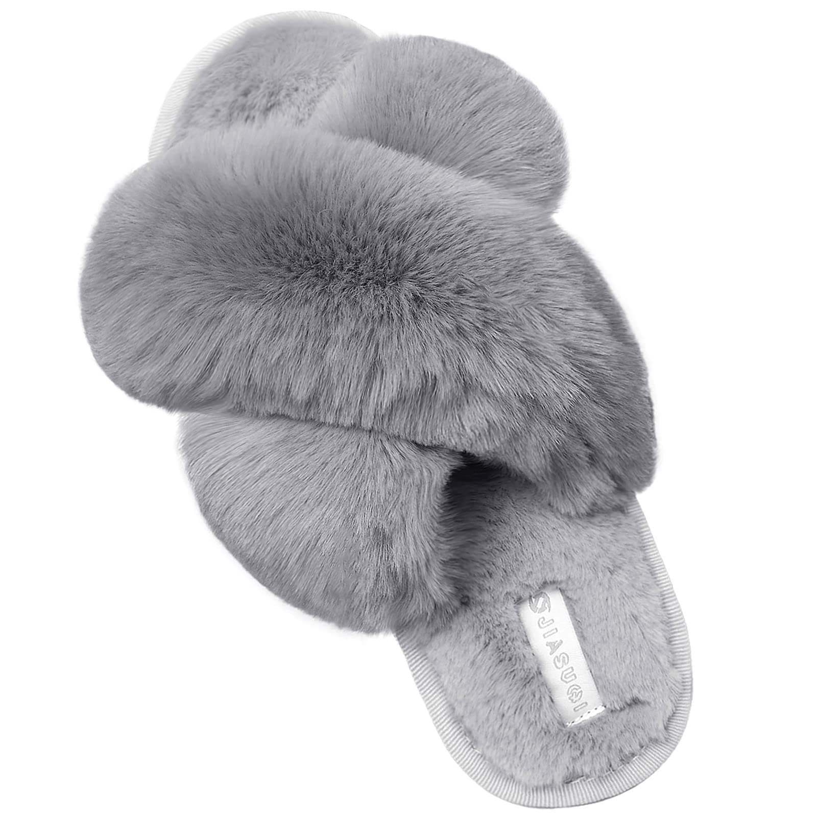 JIASUQI Women's Open Toe Slippers Fuzzy Fluffy House Slippers for Women Cozy Criss Cross Furry Slides Slippers