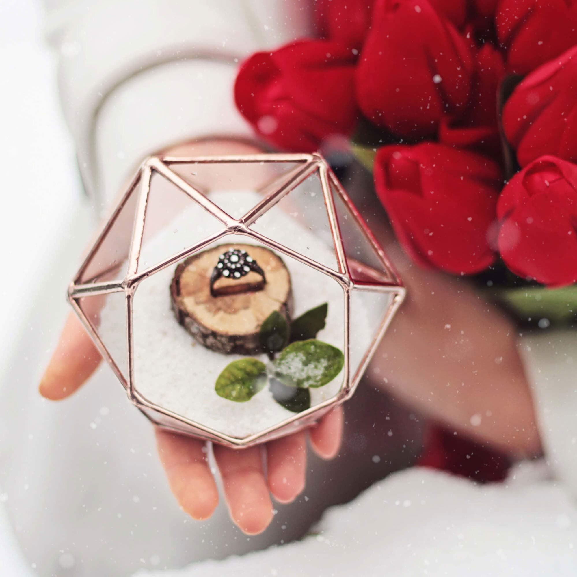 Wedding Ring Box | Clear Glass Geometric Ring Bearer Box | Diamond Ring Box | Wedding Ceremony Decor | Winter Wedding Decor | Valentine's Day Gift | Mini Terrarium (Copper, Silver, Black)
