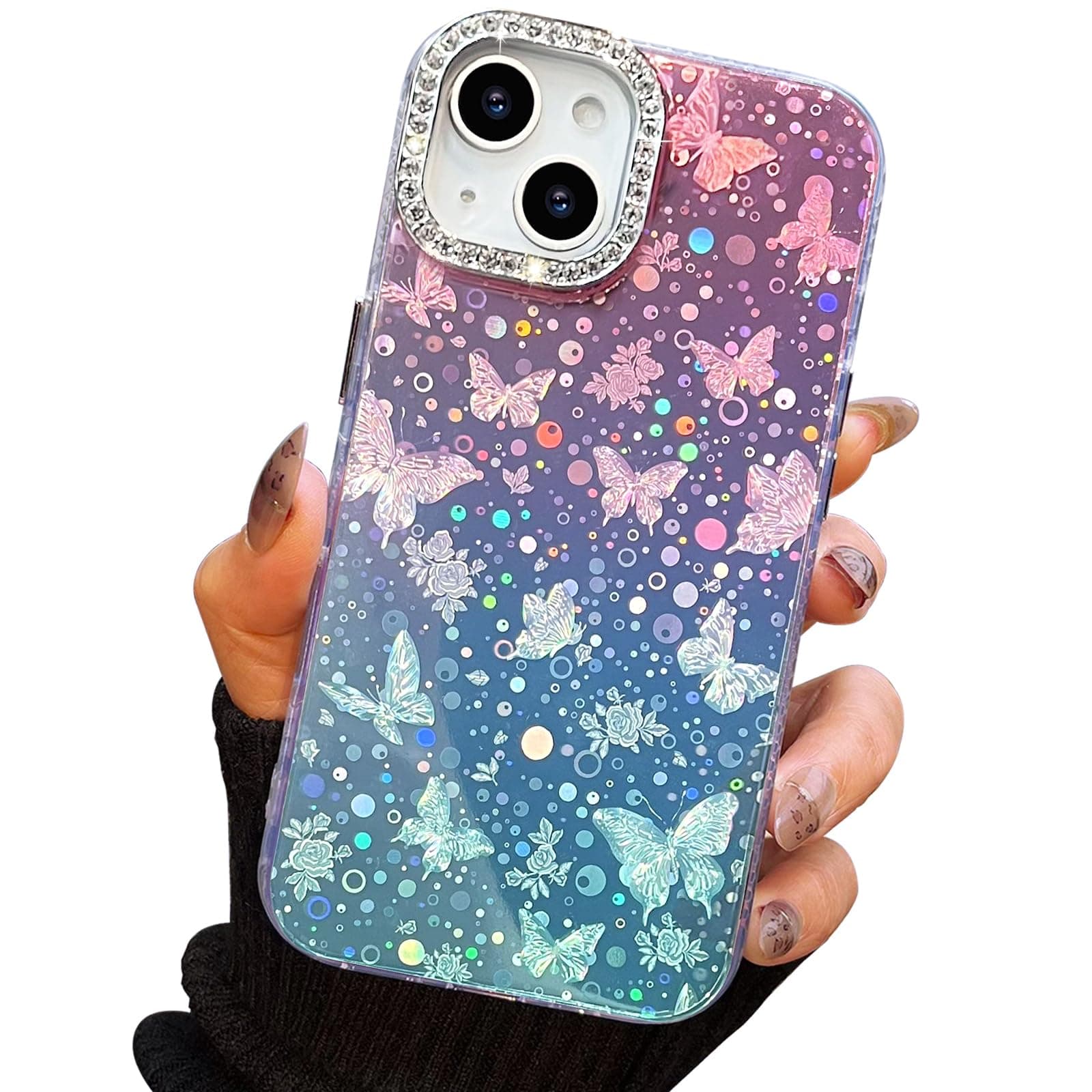 I-MGAE-IN-AR Compact Case for iPhone 15 Plus Butterfly Design,3D Diamond Camera Lens Protection Frame,Cute Soft Slim TPU Shockproof Protective Phone Cases Cover for Women Girls Gradient Pink-Cyan