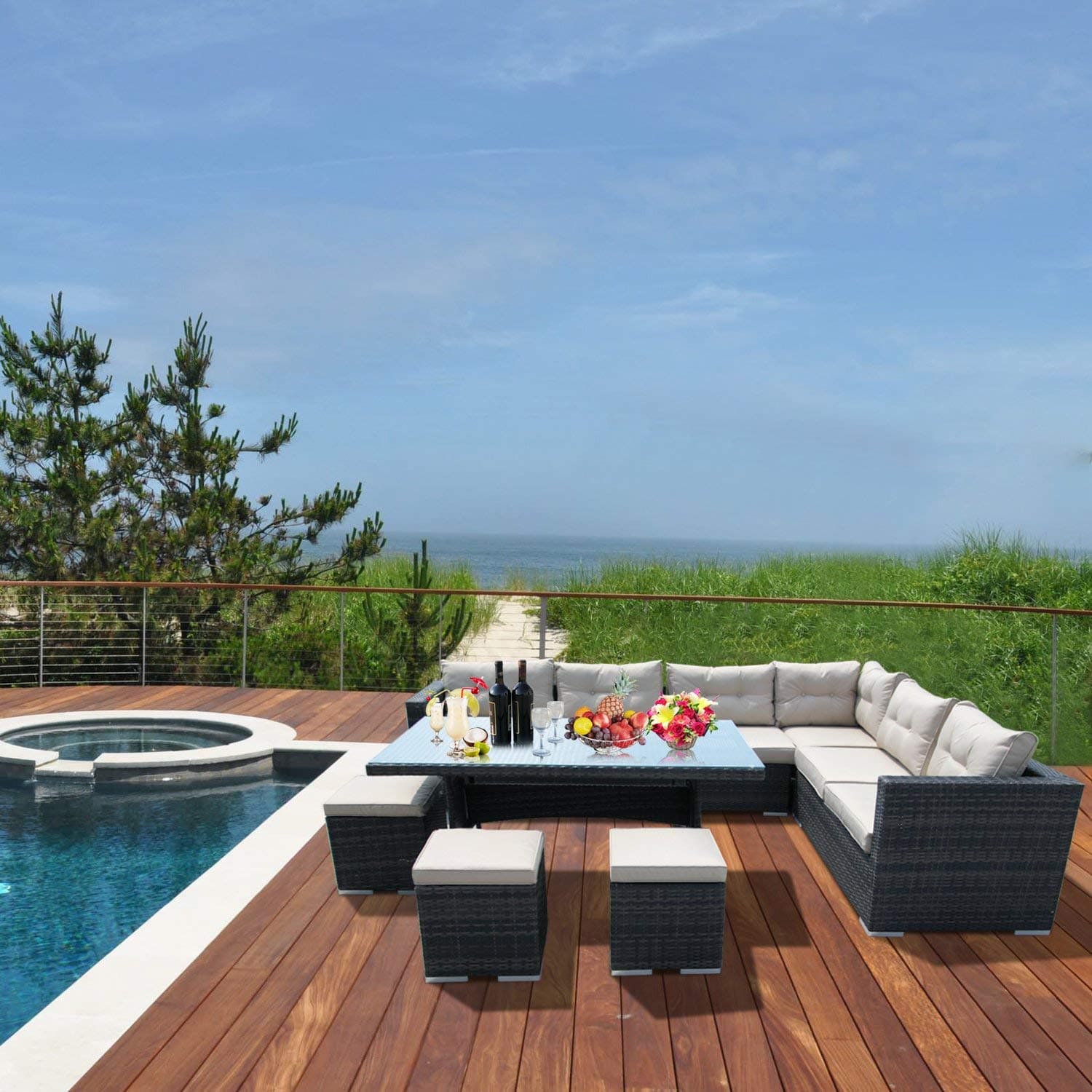 Patioption 8 Pieces (9 Seaters) Outdoor Patio Furniture sets, Patio Sectional Furniture Sofa PE Rattan Corner Sofa Couch Sets Conversation Sets Dining Sets, Patio Garden Furniture All-Weather, Brown