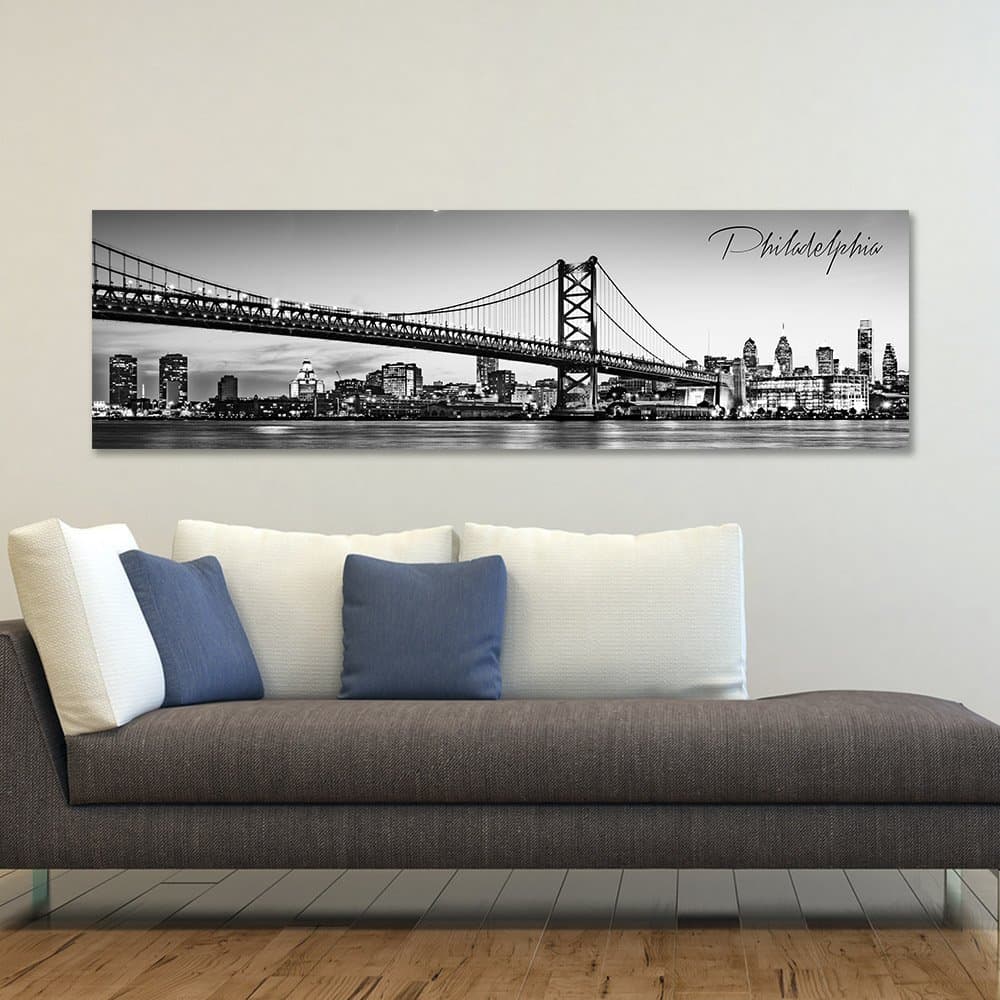 WallsThatSpeak Panoramic Philadelphia Cityscape Picture, Black and White Stretched Canvas Art Prints, Wall Decoration for Bedroom or Office, Framed and Ready to Hang, 14” x 48”