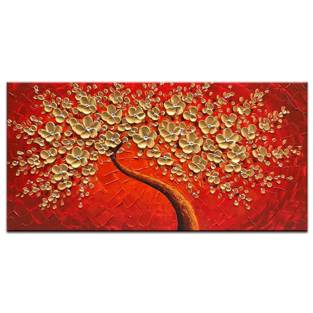 OKBONN Gold and Red Flowers Oil Painting Hand Painted Canvas Wall Art Large Wall Pictures Abstract Paintings Textured Artwork Framed Art Ready to Hang for Living Room Bedroom Wall Decor(24X48 inch)