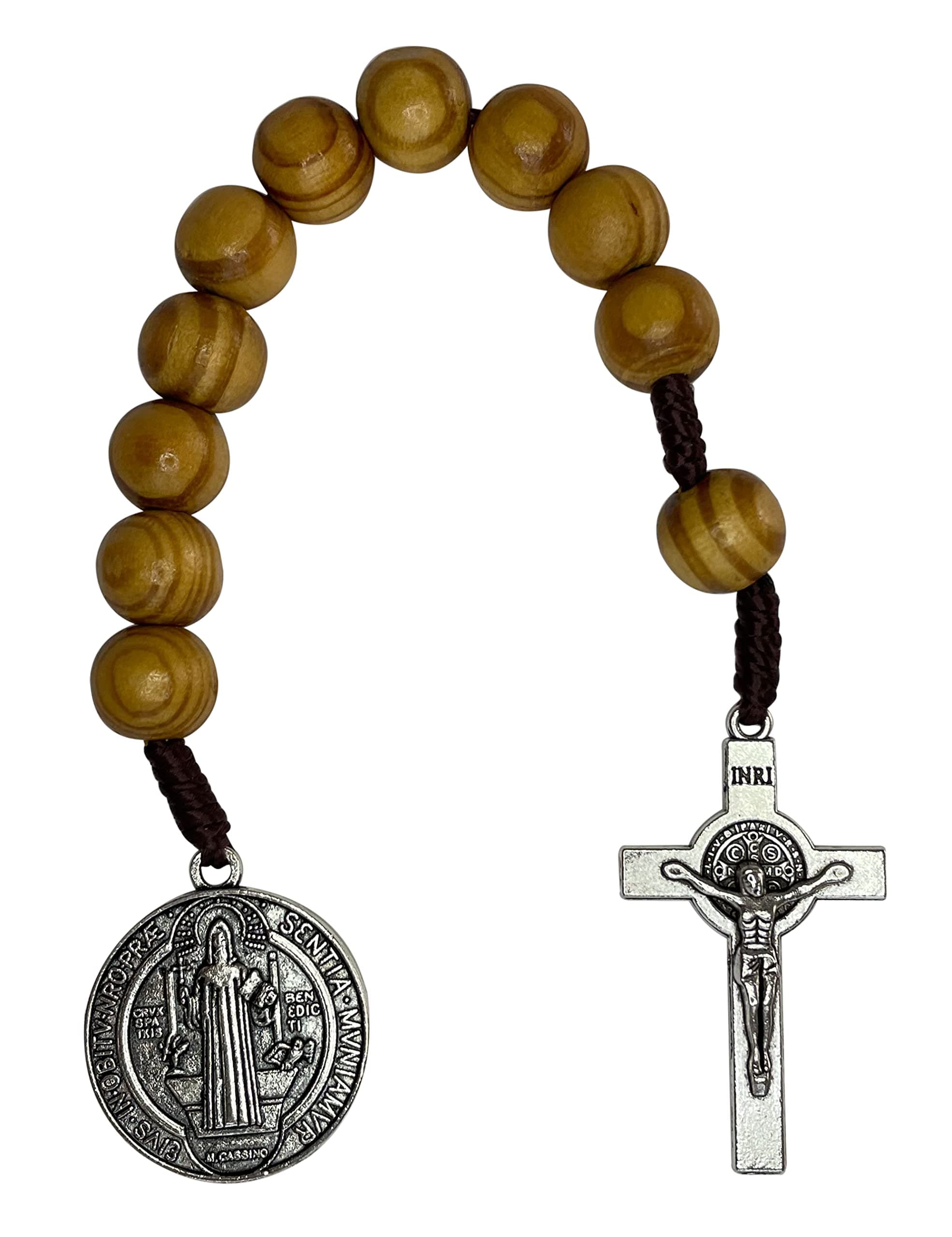 Saint Benedict Medal Prayer Pocket Rosary Catholic Brown Wood Beads San Benito Tenner Open Style One Decade Rosary