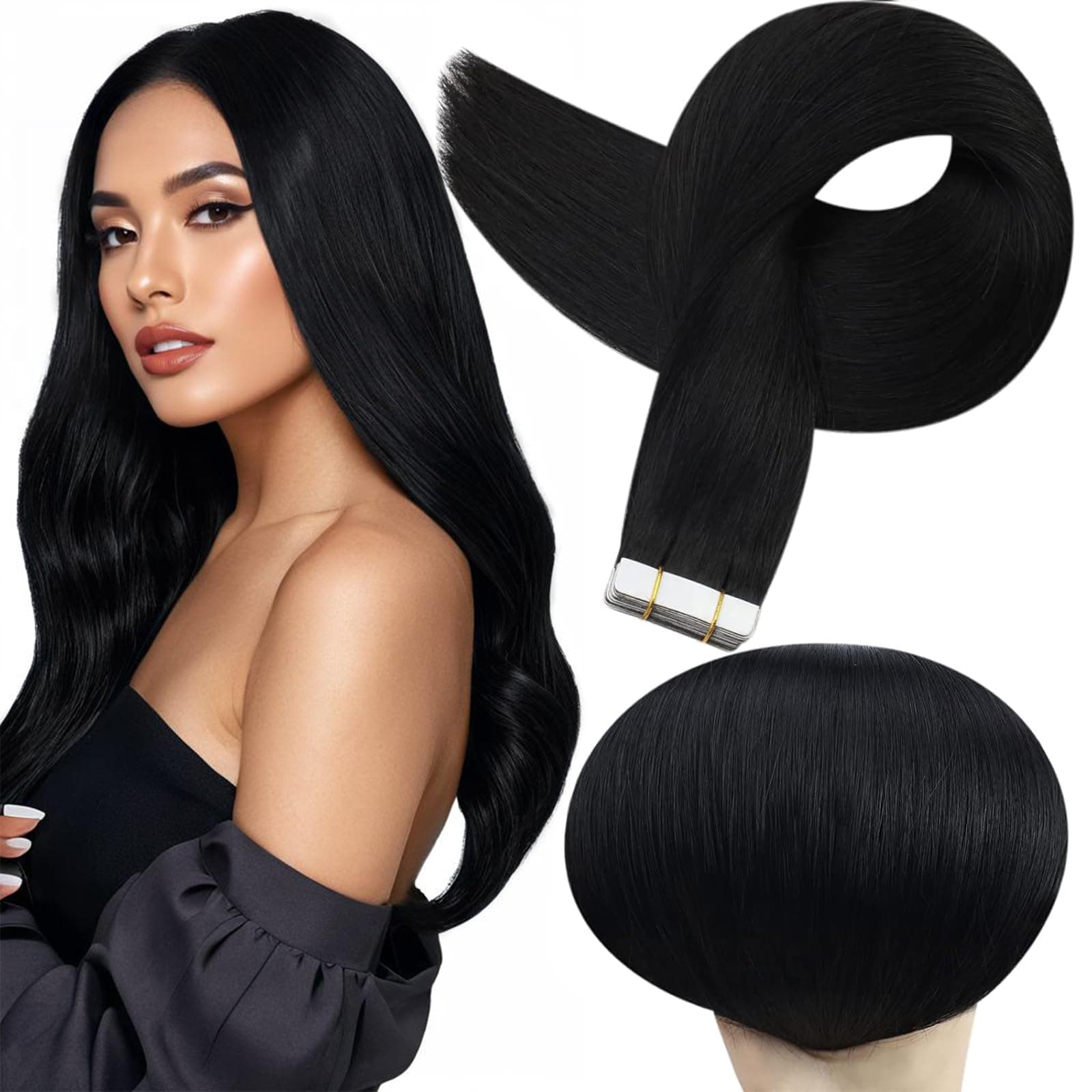 Full Shine Real Human Hair Tape in Extensions Black 24Inch Double Sided for Skin Weft Tape in Hair Extensions 20Pcs 50Gram Color 1 Jet Black Seamless Hair Extensions Real Human Hair Straight