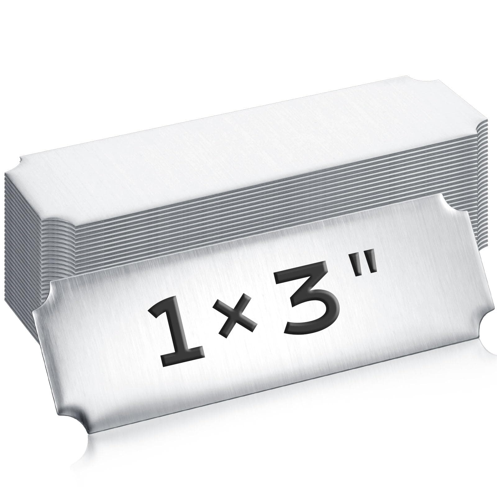 Therwen 30 Pcs Name Plates Laser Engraved Brushed Stainless Steel Plate Personalized Plaque Blank Custom Name Tag Frame Label with Adhesive Backing(Silver,1''x 3'',Notched Corner)