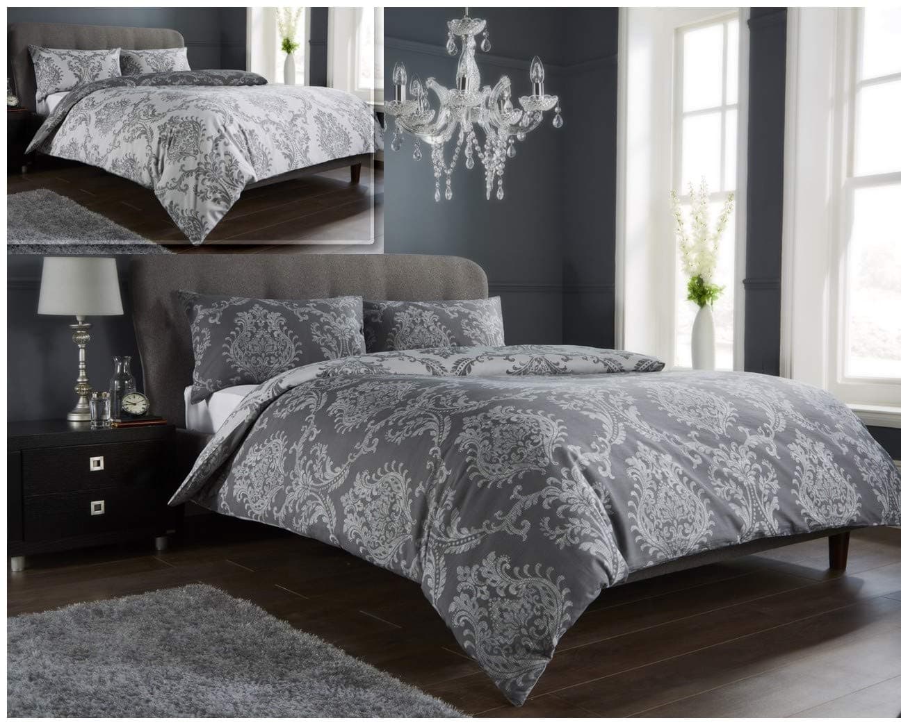 GoldStar® Royal Damask Black Super King Reversible Duvet Quilt Cover Floral Printed Bedding Set with Pillowcase