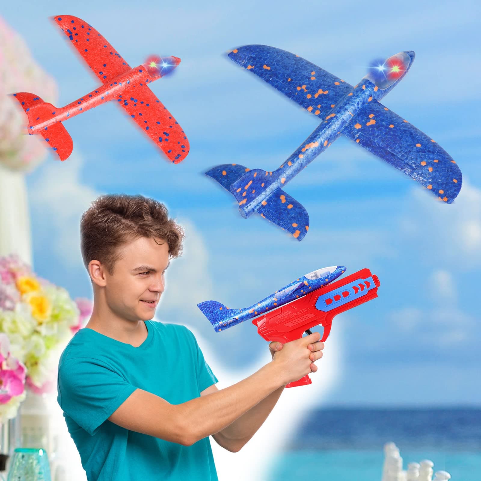 Misvayli 2Pcs Airplane Launcher Toy with LED Lights, Foam Airplanes Catapult Gun For Kids, Outdoor Garden Activities Toys Games Birthday Gift Kids Age 5 6 7 8 9 10 12 Years Old Boys Girls