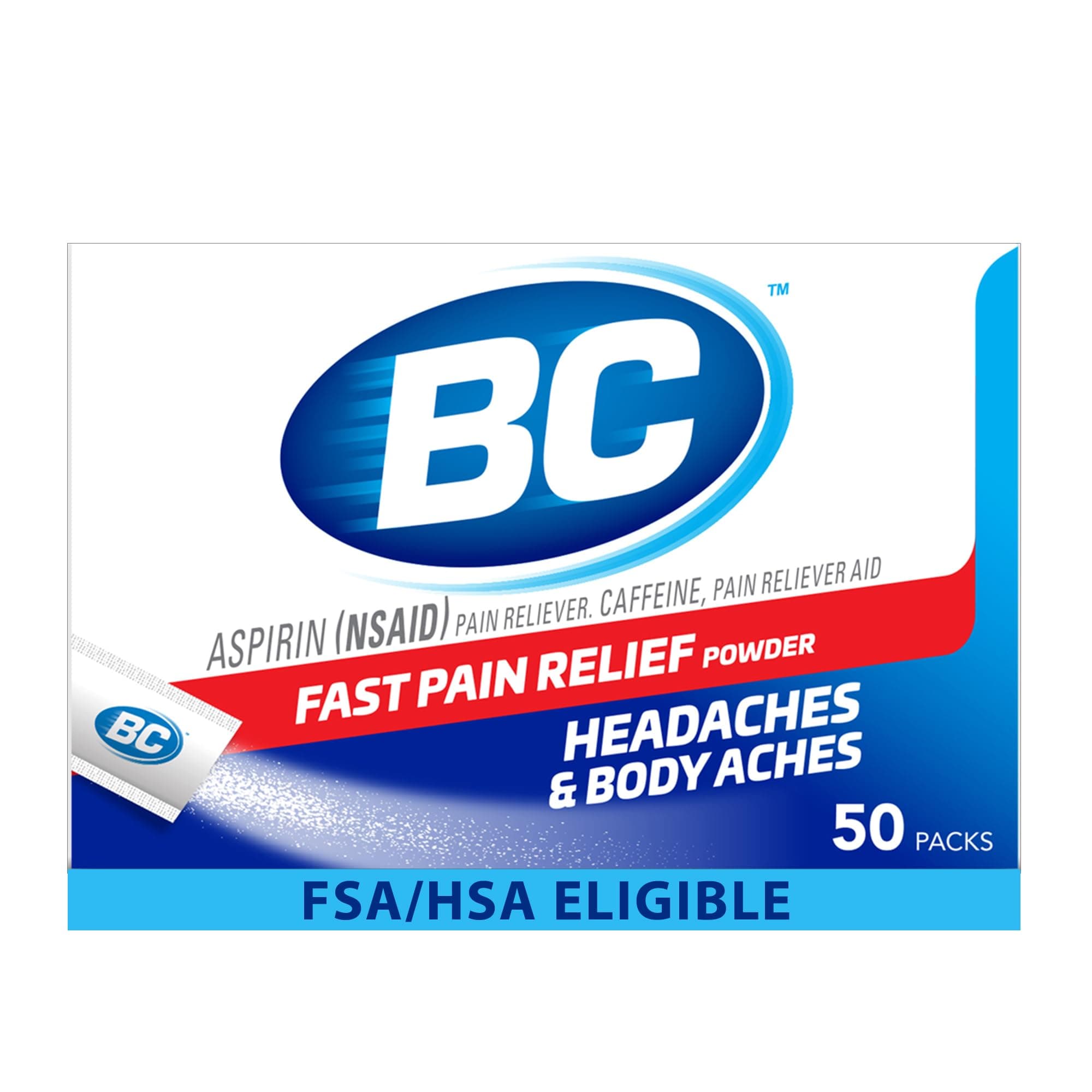 BC Original Headache Relief Powder, Dual-Action Aspirin & Caffeine Dissolve Packs, to Relieve Body Aches, Toothaches & Menstrual Cramps, 50 Count