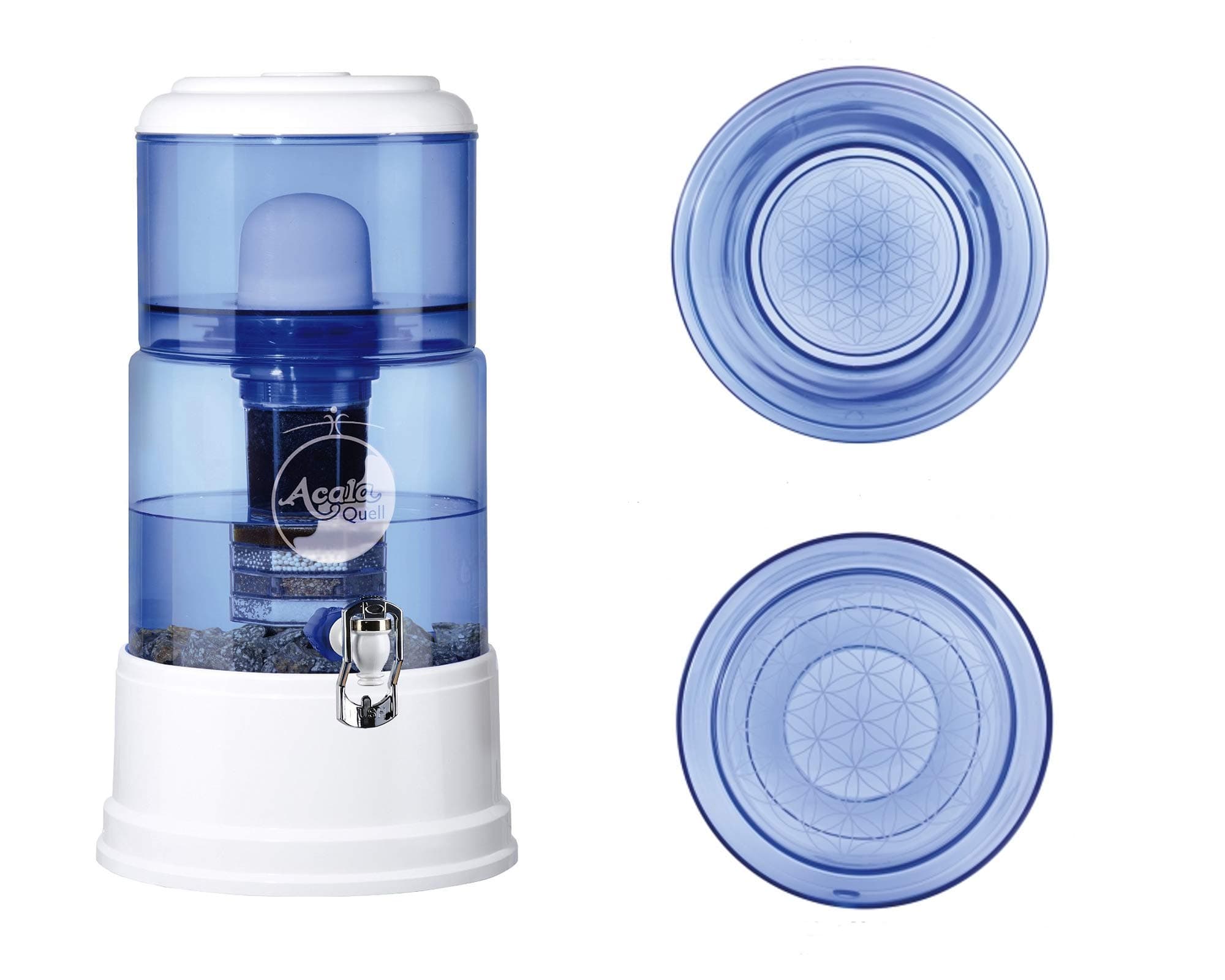 AcalaQuell SMART Water Filter System | White | with Glass Tank | Blue. 'Flower of Life' symbol engraved: bottom. Crystal Glass Reservoir: capacity 8 litres. Best Natural Gravity Filtration Technology.