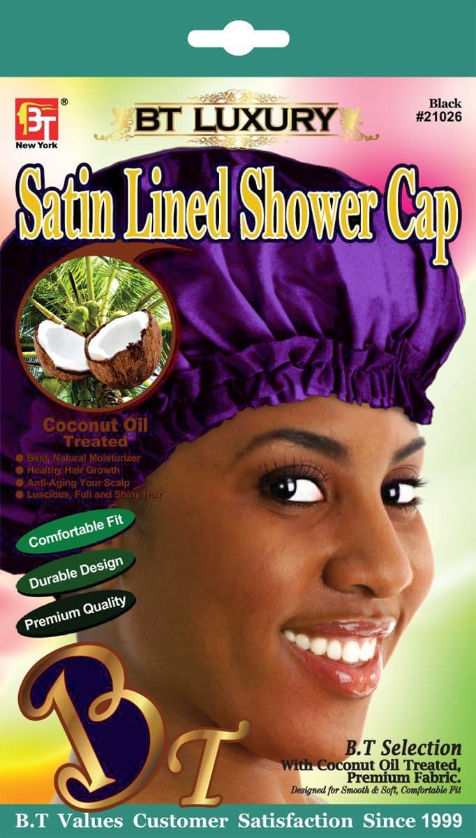 Beauty Town Satin Lined Shower Cap (Purple), Coconut oil, natural moisturizer, anti aging, hair scalp, shiny hair, luscious, premium quality, comfortable fit, durable material
