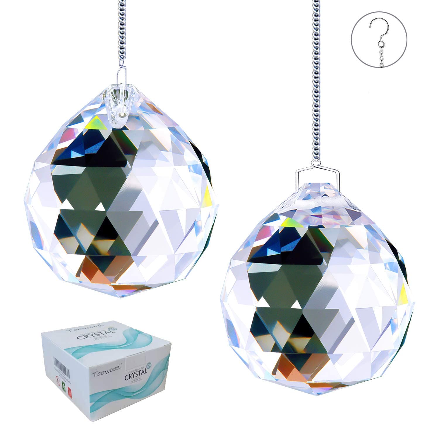 Toowood Top K9 Clear Hanging Crystals Glass Prism Balls Pendant with Hanging Chains for Rainbow Suncatcher (2"/50mm 2 Pack)
