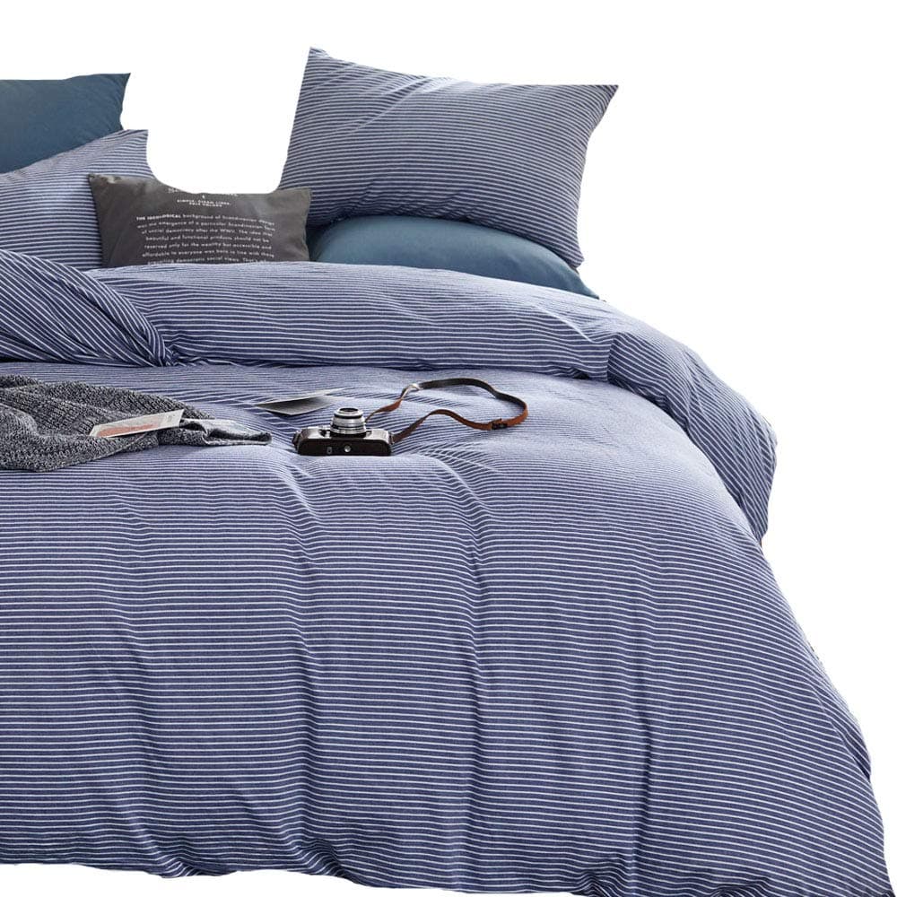 ATsense Duvet Cover Queen, 100% Washed Cotton, 3-Piece Bedding Comforter Cover Set, Ultra Soft and Easy Care, Simple Style Farmhouse Bedding Set (Blue Striped J801-5)