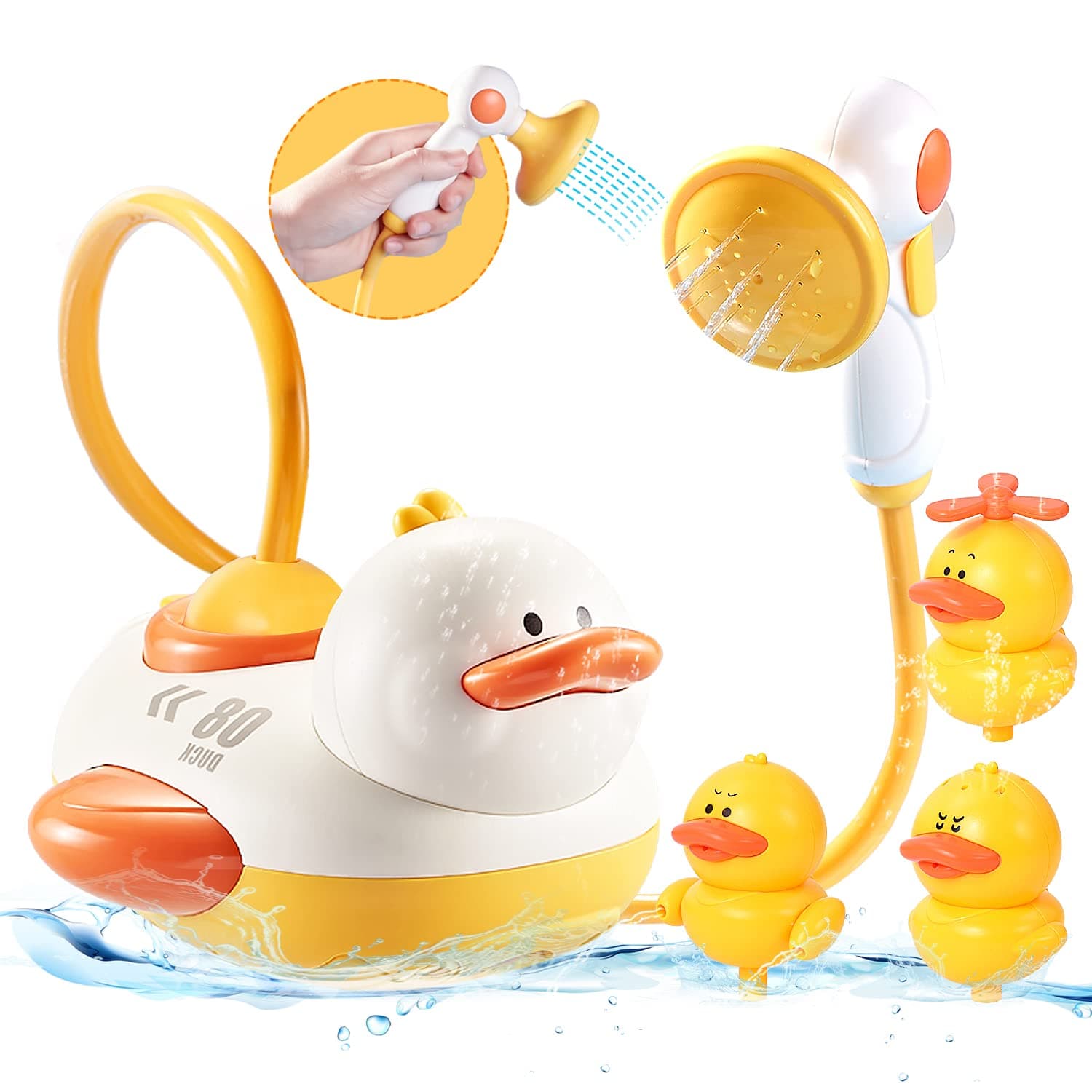 Baby Bath Toys Automatic Water Spray Bath Toy with 3PCS Different Spraying Duck and 1PCS Duck Shower Head for Bath Floating Bathtub Toys for Toddler Kids 18 Months Bath Toys with Sucker Stick to Tub