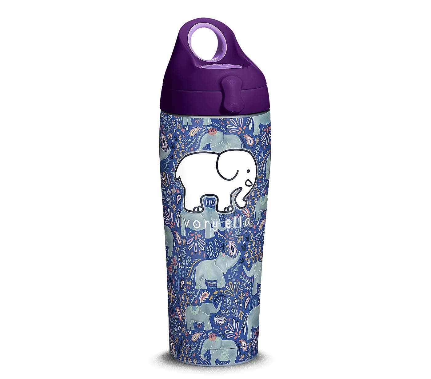 TervisIvory Ella-Paisley Elephant Stainless Steel Insulated Tumbler with Purple Lid, 24oz Water Bottle, Silver