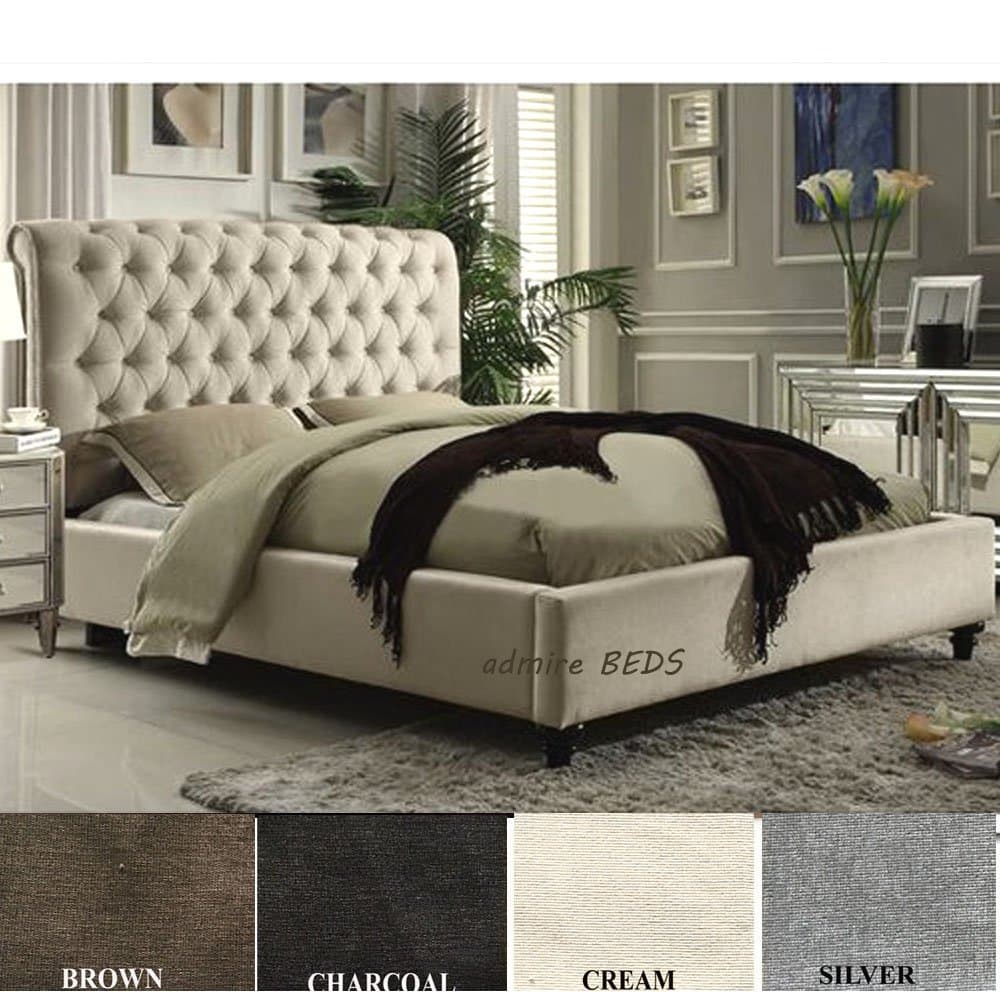 Admire BEDS New Rome Quality Upholstered Chesterfield Design Sleigh Bed Frame in Luxurious Cream Naples Suede (British Velvet) Fabric 4Ft6 (Double Size) [Energy Class A+]