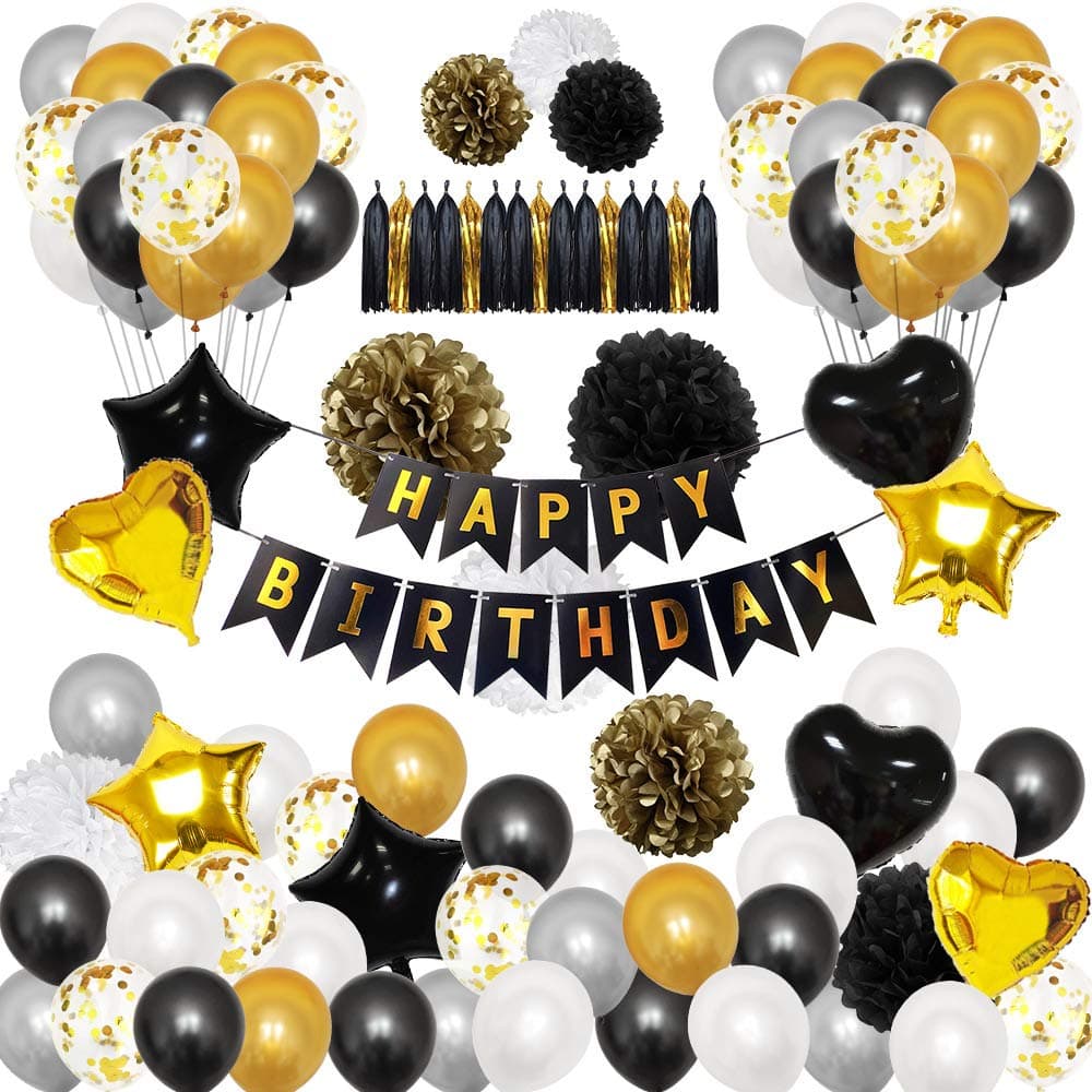 SailunteSailunte Classic fishtail flag balloon set,Balloons for Decoration/Baby, child, adult birthday balloons/balloons birthday pack of 98 (Black, Golden,gray and White)