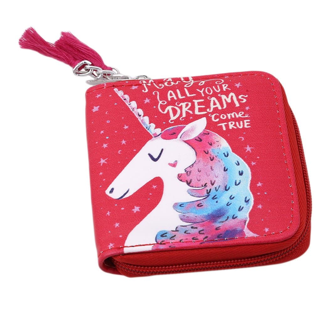 Chinget Unicorn Pattern Girls Coin Purse Students Cartoon Zip Coin Bag Wallet (Red)