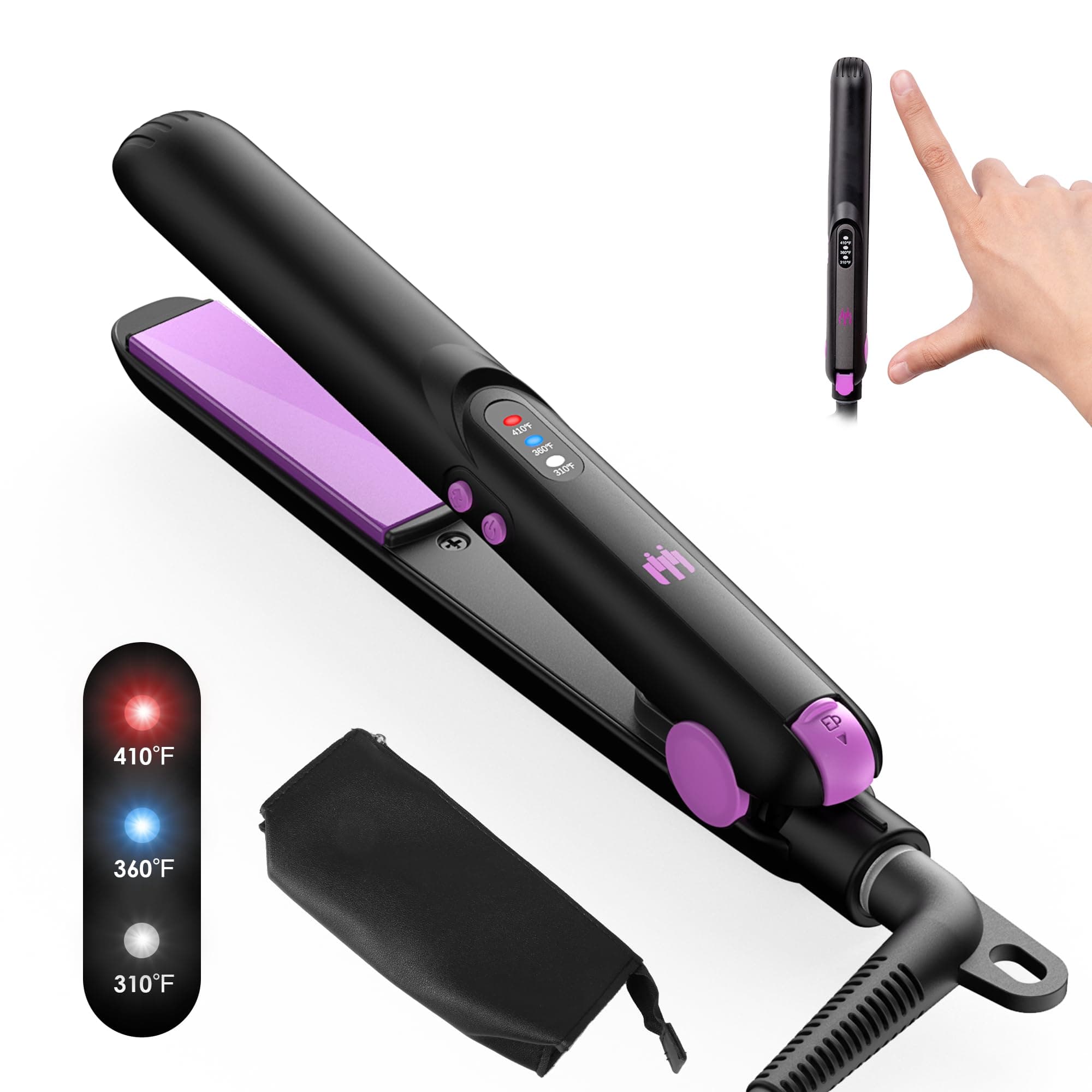 Mini Ceramic Flat Iron 0.7 Inch, Hair Straightener for Short Hair, Curls, Bangs - Adjustable Temperature, Portable Dual Voltage with Travel Pouch for Women, Men
