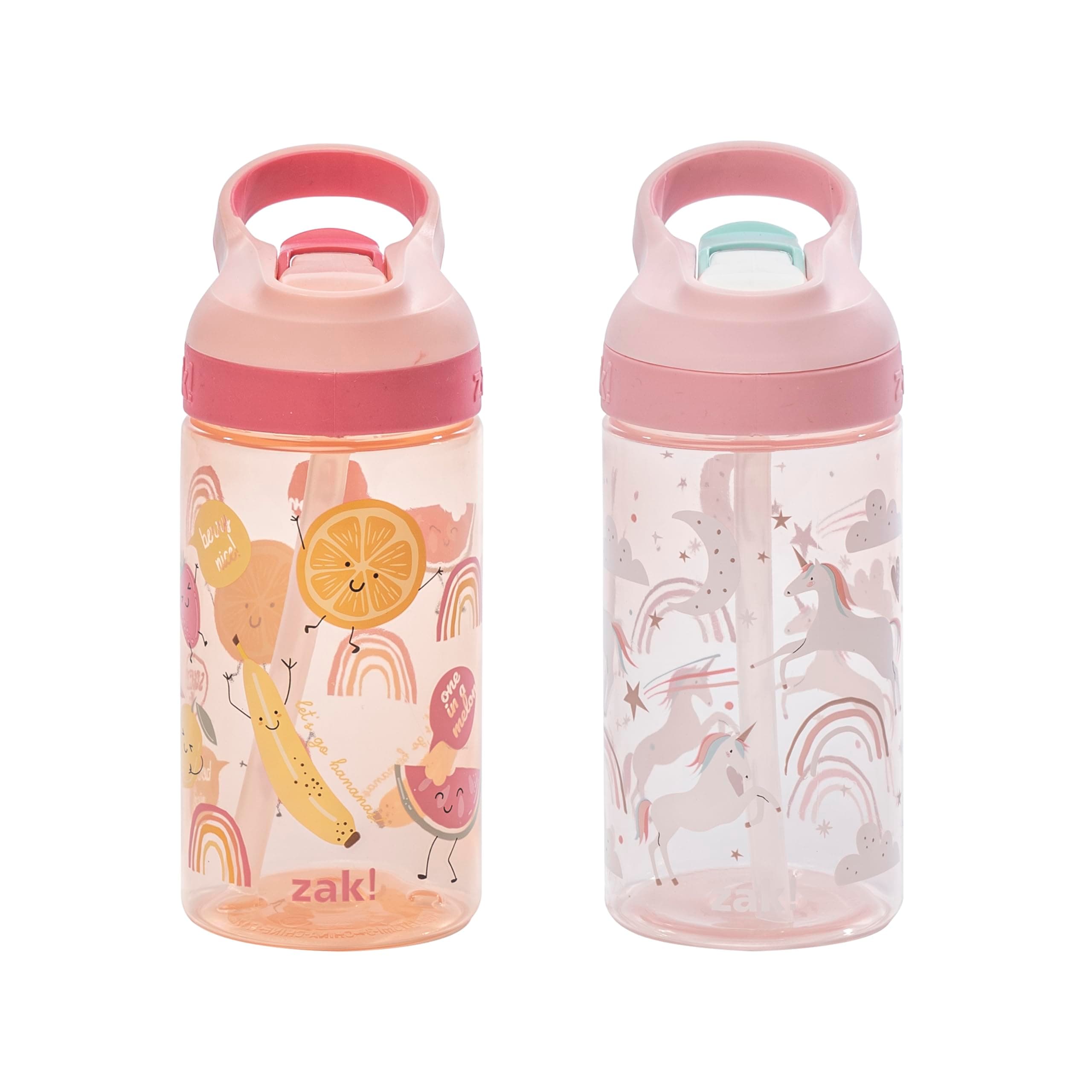 Atlantic Kids Water Bottle For School or Travel, 16oz Durable Plastic Water Bottle With Straw, Handle, and Leak-Proof, Pop-Up Spout Cover, 2-Pack (Fanciful Unicorn and Happy Fruit)